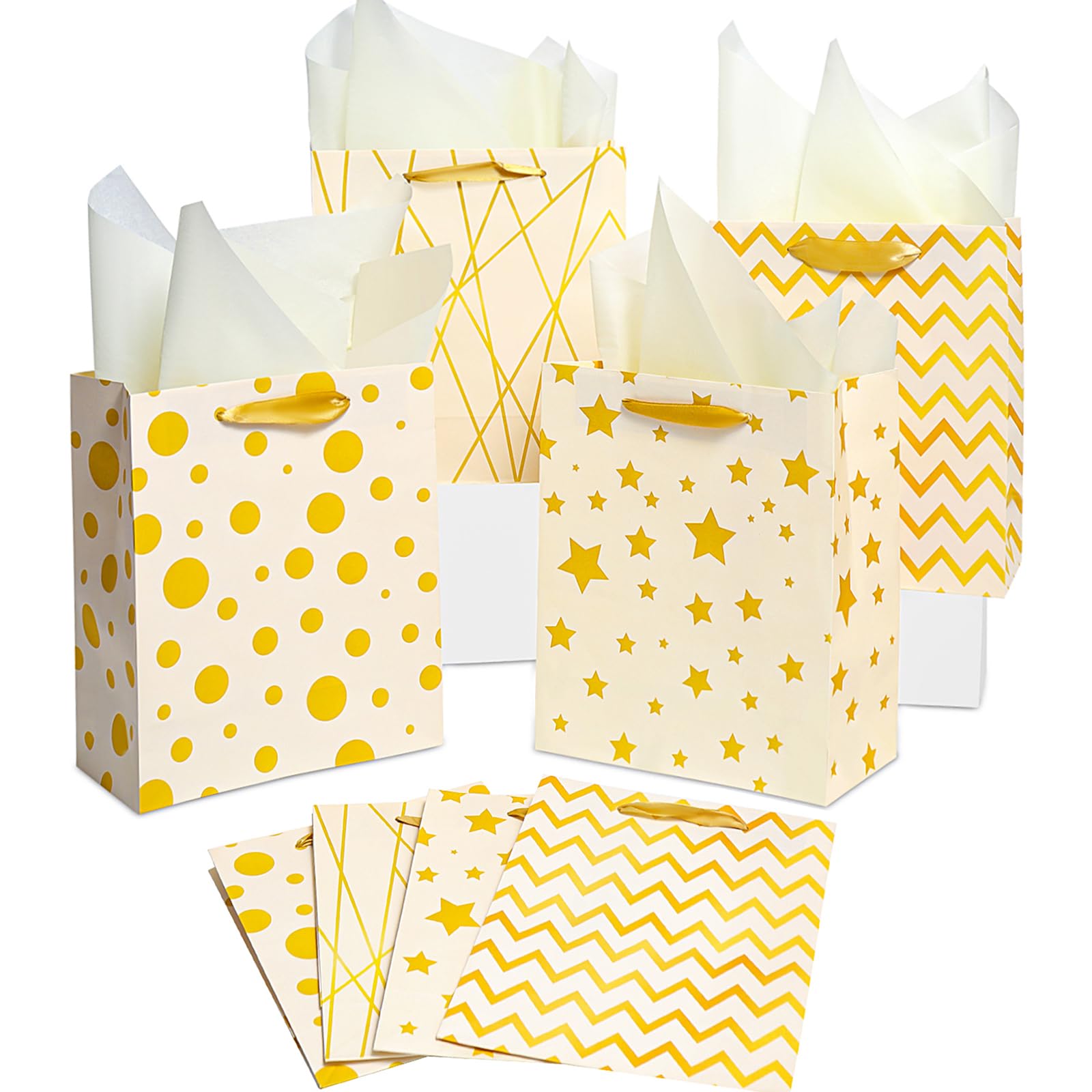 Gift Bags for Presents with Tissue Paper (8 PCS, 9 x 7x 4 inch) Gold Wrap Paper Gift Bags with Handles for Party Wedding Baby Shower Holiday Shopping