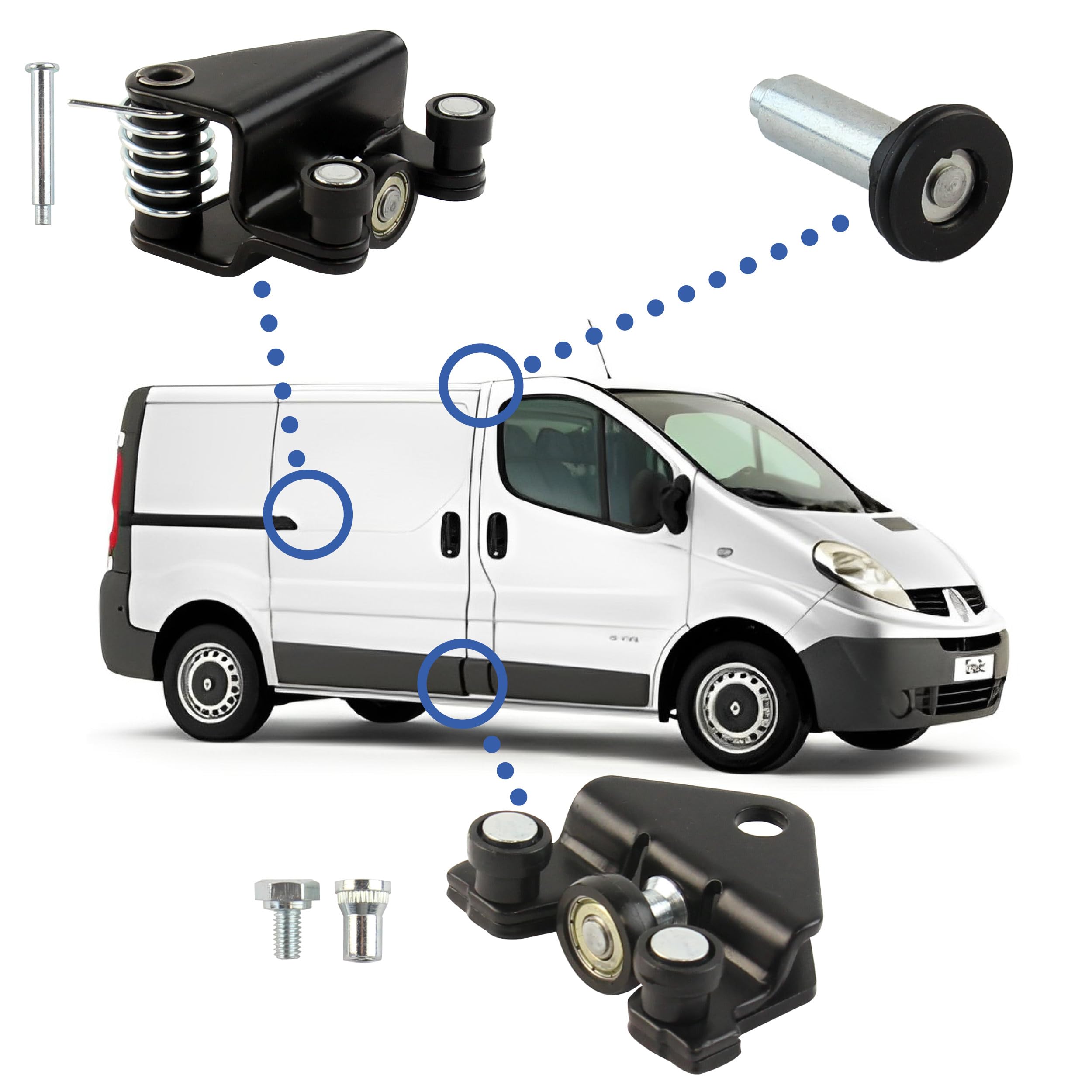 STARKIT PERFORMANCE Juego de rodillos puerta lateral compatibles para Trafic 2, Vivaro A, Primastar (2000-2014) guía rodillos puerta corredera – guía SUPERIOR - MEDIO - INFERIOR de puerta