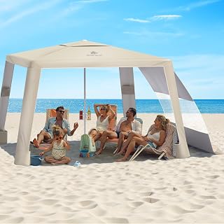 Rhino Valley Beach Cabana, 8 * 8FT Beach Tent UPF50+ Protection, Easy Setup Beach Canopy Wind Resistant with Cup Holder, Compact Beach Shade Foldable Sun Shelter for Whole Family Friend
