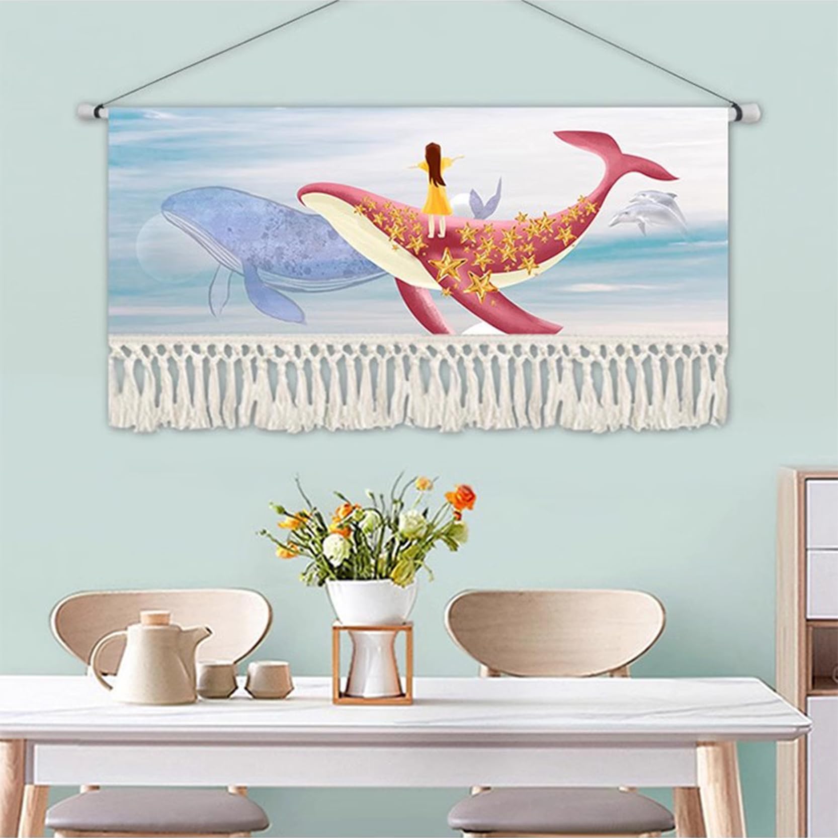 Tapiz Grande para Colgar en la Pared de macramé,Estilo nórdico,NO Hanging Rod,Tapiz de Pared con borlas de cordón de algodón, Pancarta Moderna de Lino y algodón decoración,G-120x40cm