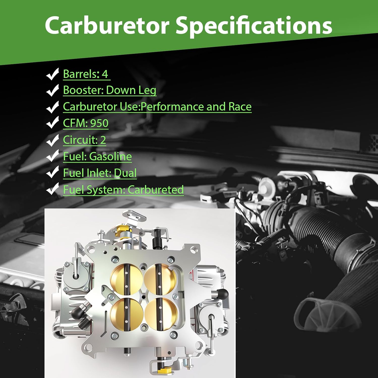 BR-67202 Carburetor For Holley 4 Barrel 950 CFM Race Carburetor Double Pumper Mechanical Secondary Dual Inlet