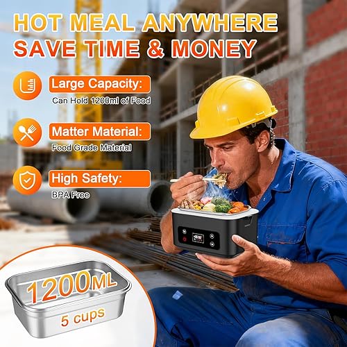 Miniatura 9 de Fiambrera Eléctrica Sin Cables Calentada, Lonchera Calentada Pro 24000mAh, Alimentada por Batería, Calentador de Alimentos Portátil de 1.2L -