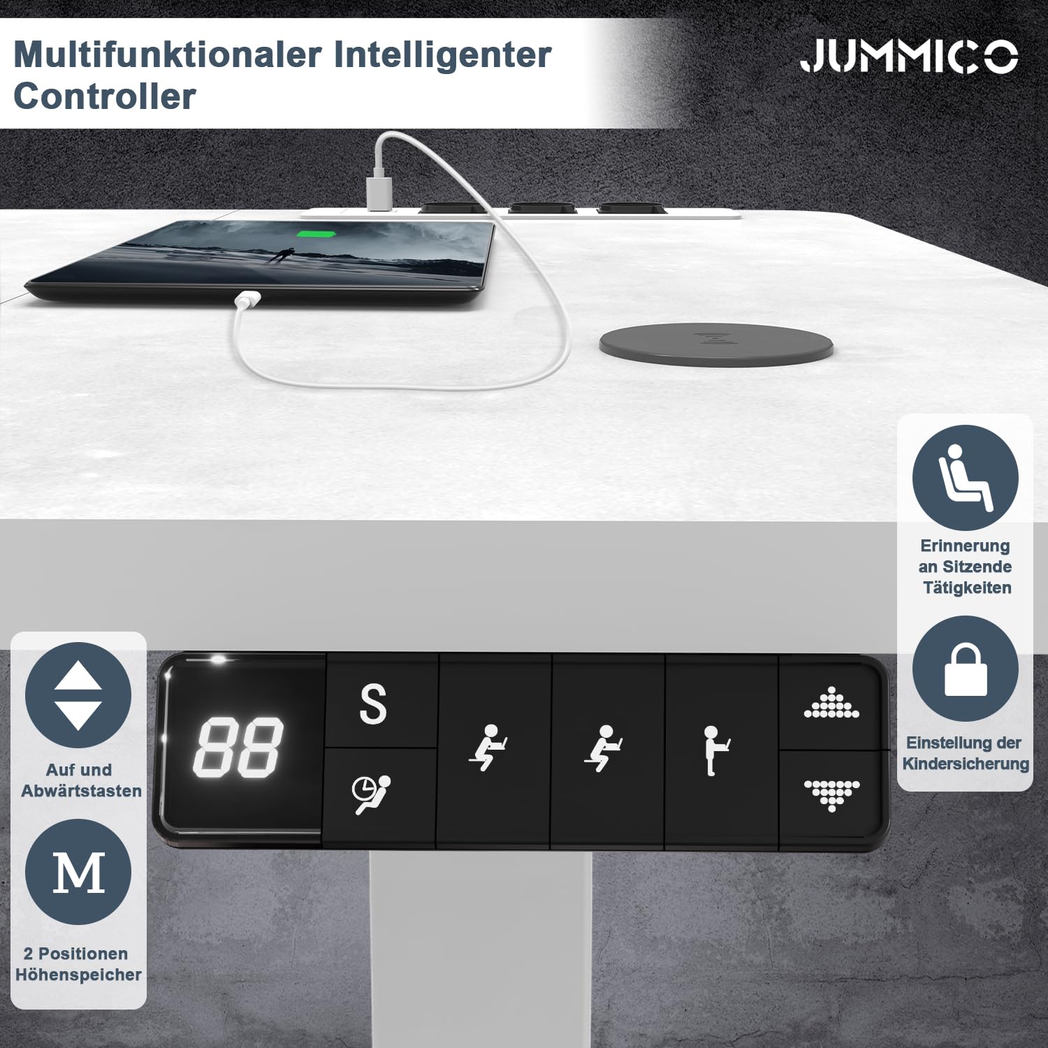 JUMMICO Biurko z regulacją wysokości z bezprzewodową stacją ładującą i gniazdem Euro z USB, 140 x 70 cm, biurko z regulacją wysokości, elektryczny stolik stojący na kółkach, kolor szary