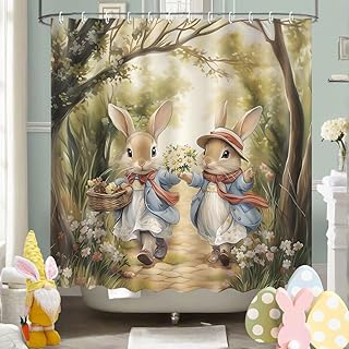 MEHOFOND Easter Bunny Shower Curtain Vintage Spring Forest Flower Shower Curtain for Bathroom Easter Funny Rabbits Bathroom Decor Happy Easter Bathtub Decor Fabric Waterproof Bath Curtain 72x72 Inch