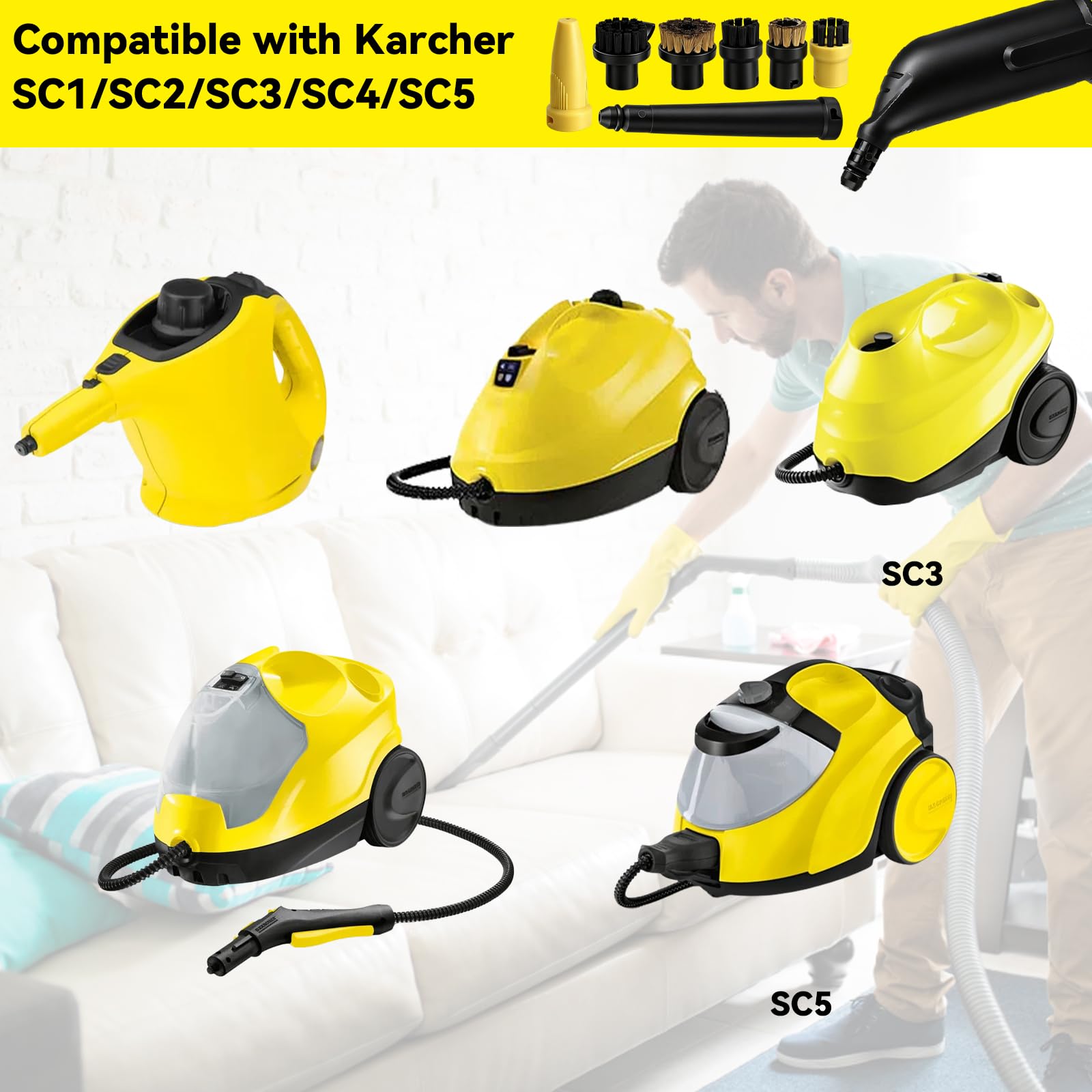 10 piezas Accesorios kar cher, accesorios Limpieza de Vapor para Kär cher SC1 SC3 SC5 SC4 SC2, piezas de repuesto con boquilla alargadora, cepillos redondos y boquilla para juntas