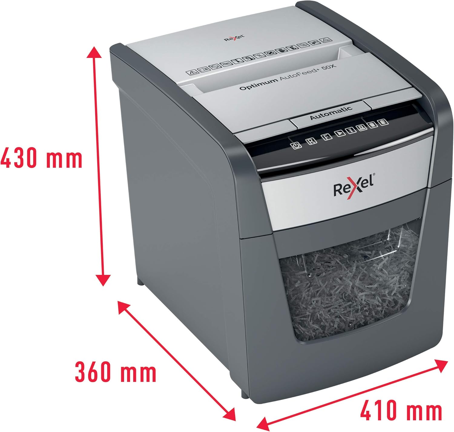 Rexel AutoFeed Shredder with dimensions indicated: 430mm height, 360mm depth, 410mm width.
