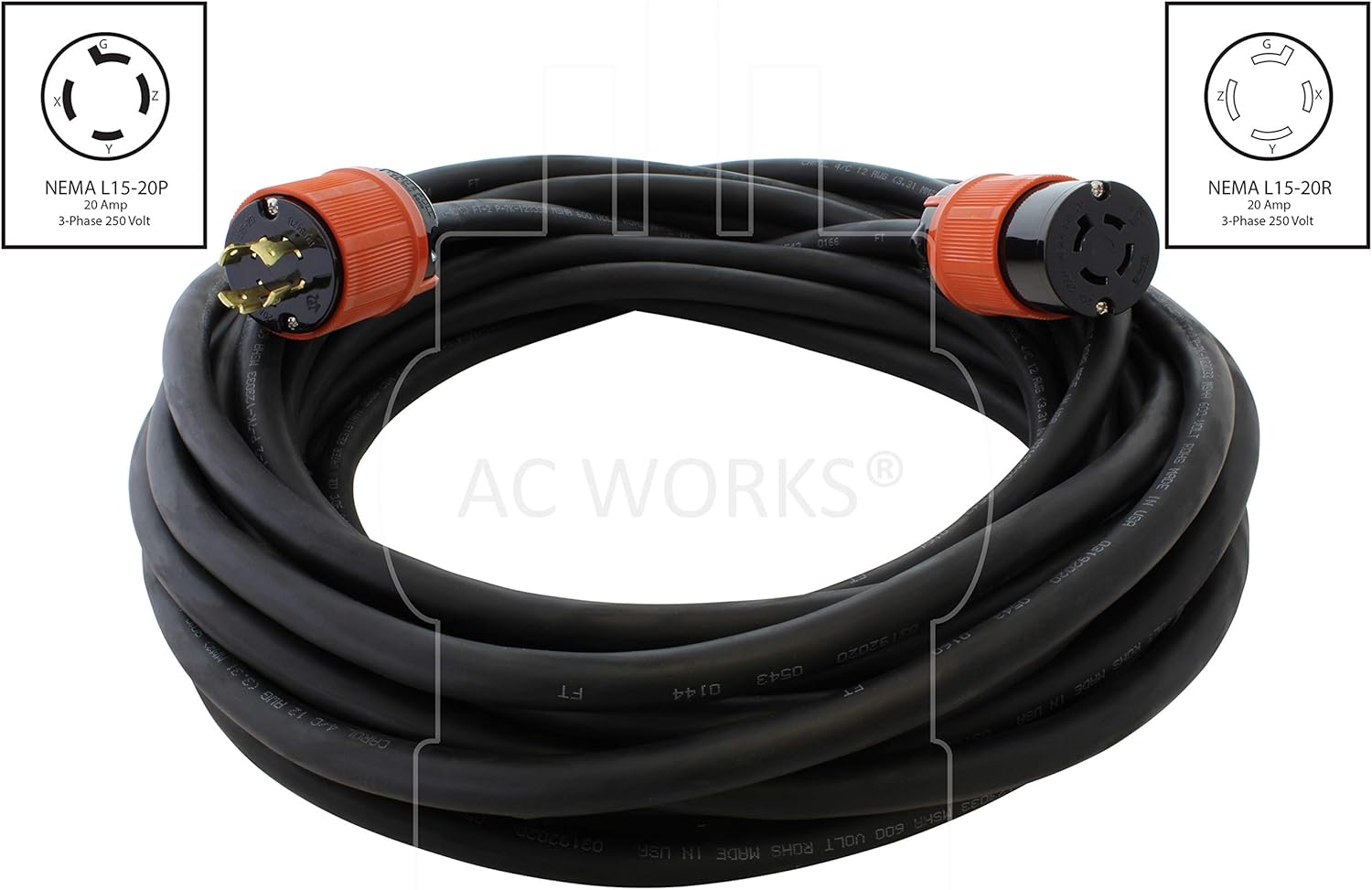 AC WORKS [L1520PR] SOOW 12/4 NEMA L15-20 20A 3-Phase 250V Industrial Rubber Extension Cord (50FT)