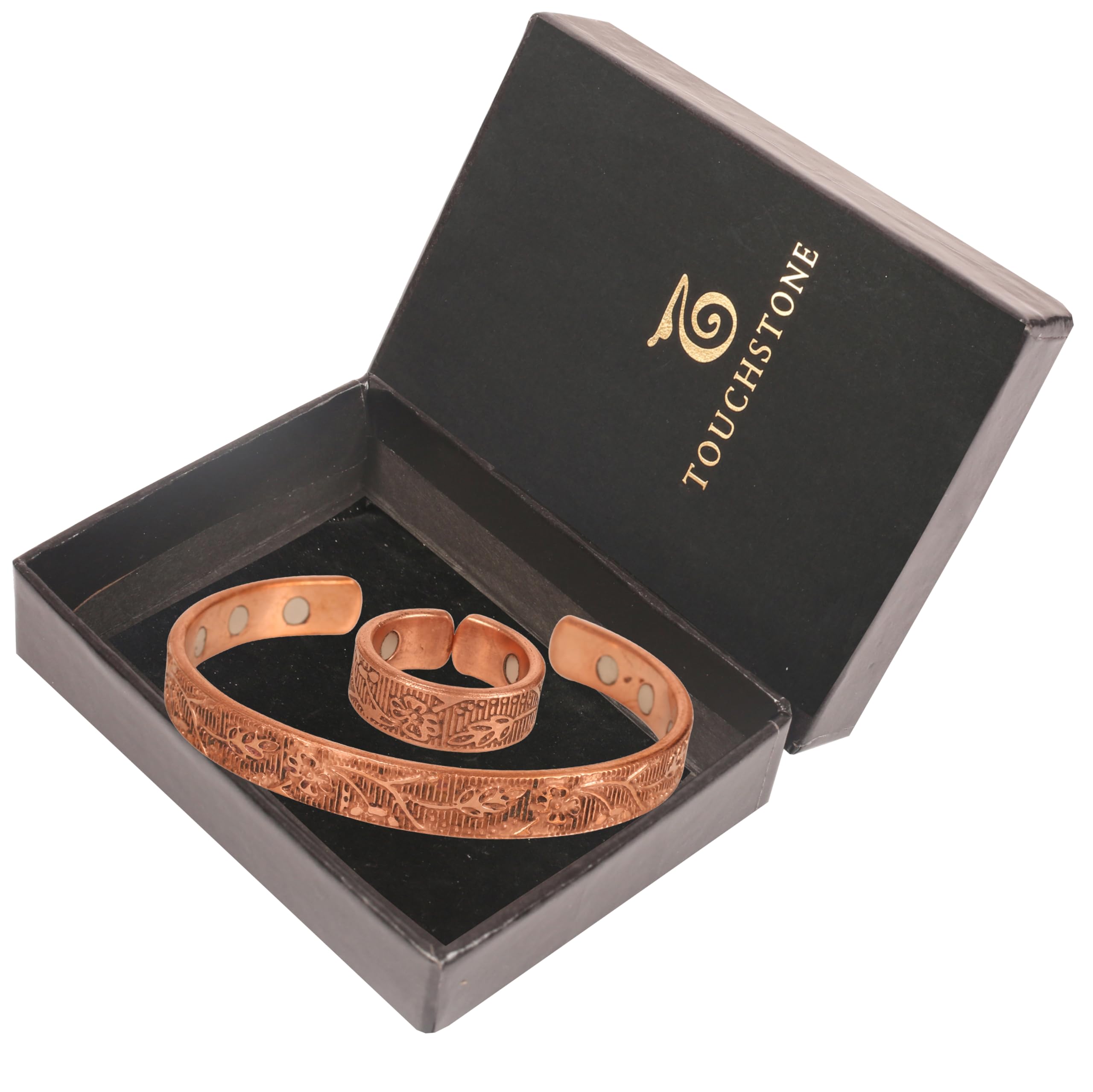 Touchstone Pulsera magnética de cobre hecha a mano forjada a mano con estilo tibetano sólido y de alto calibre, pulsera de cobre minimalista y anillo a juego.