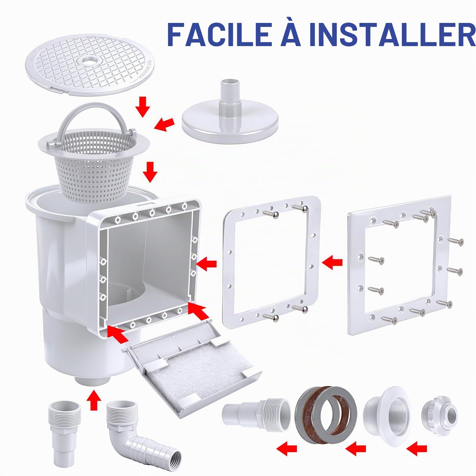 efuturetime Kit Skimmer de Surface 9 Pièces, Panier de Skimmer Piscine, Buse d'aspiration et Raccord de Tuyau 32/38 mm pour Nettoyage Piscines Hors-Sol et À Parois en Acier, Blanc
