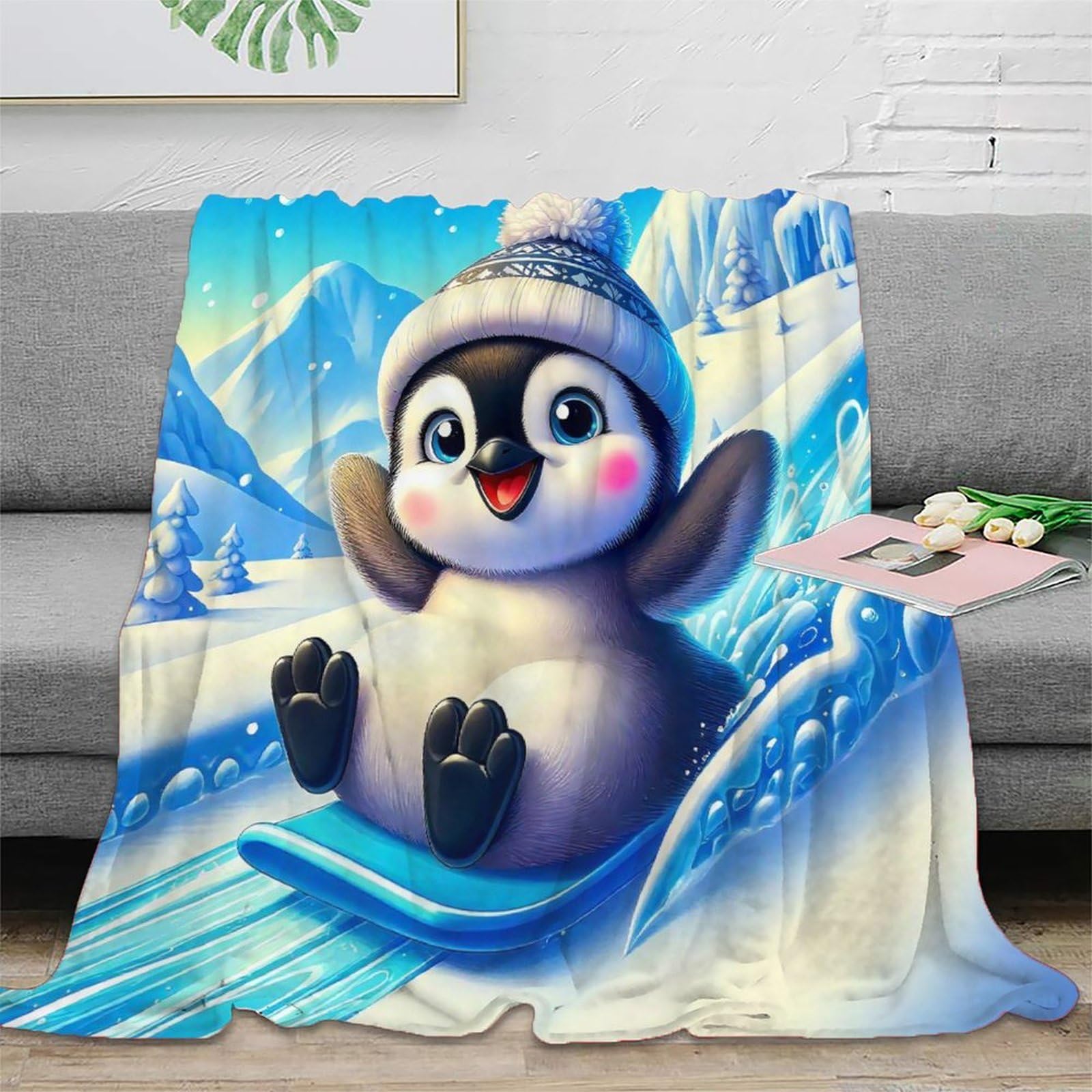 Couverture pingouin 3D plaid en peluche chaude microfibre douce pour lit adolescents 50x60
