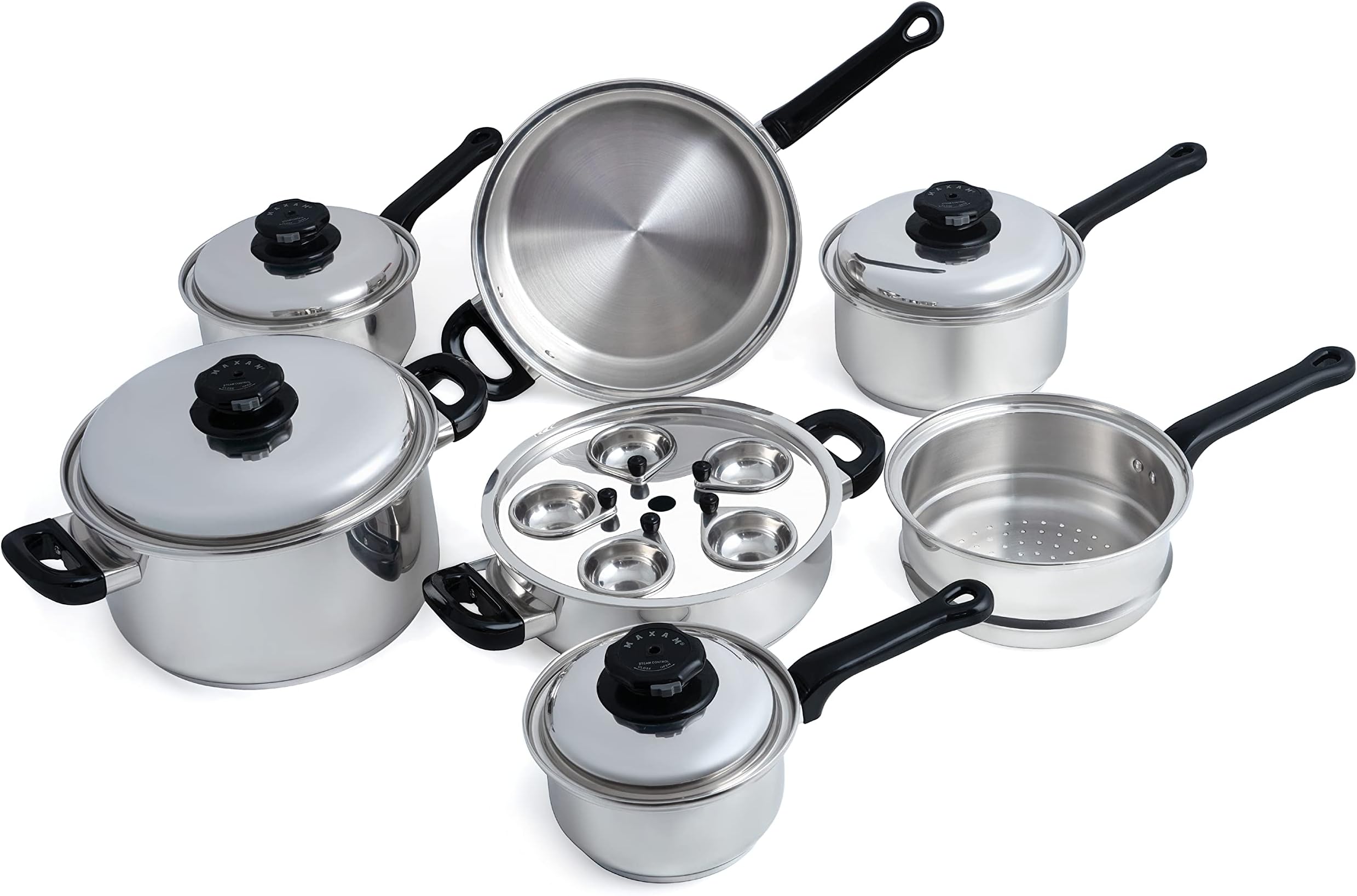 Maxam 9-Element Waterless Cookware Set, Durable Stainless Steel Construction with Heat and Cold Resistant Handles, 17-Pieces
