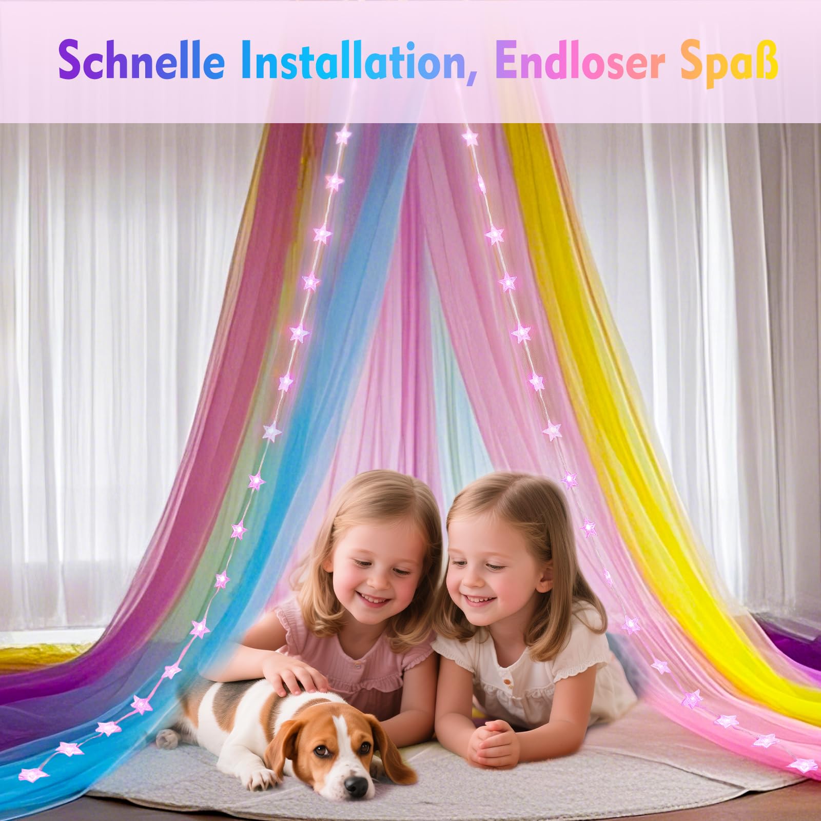 Regenbogen Betthimmel Mädchen mit Lichtern, 24 Farben Himmelbett Vorhänge LED-Stern Fee Lichter Prinzessin Baldachin Remote Timer für Kinderzimmer Zelt Twin Full Queen King Size Bett