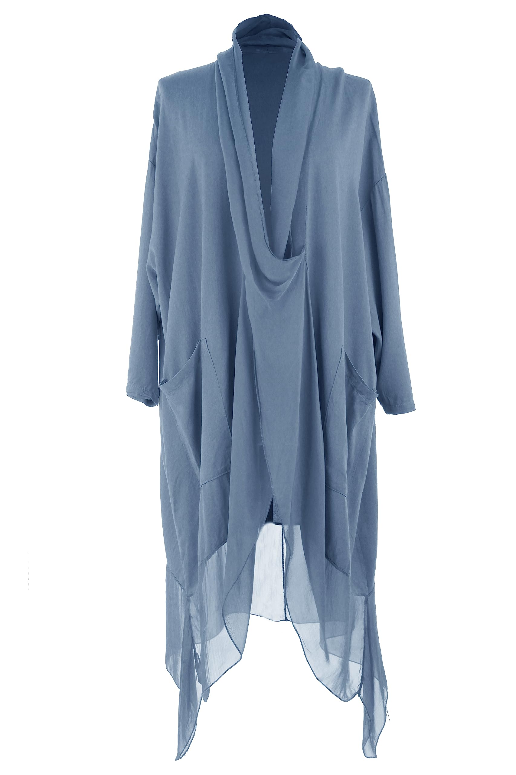 TEXTURE Ladies Women Italian Lagenlook Batwing Long Sleeve 2 Pocket Crossover Silk Panel Asymmetric Kaftan Tunic One Size