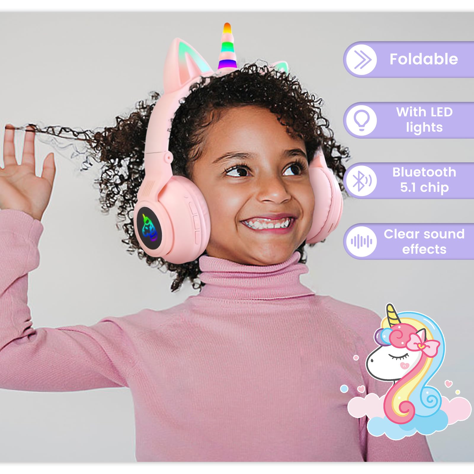 Cuffie Bluetooth per bambini, pieghevoli, senza fili, con cavo e microfono, controllo del volume, design ispirato all'unicorno, regalo di compleanno e Natale (rosa)