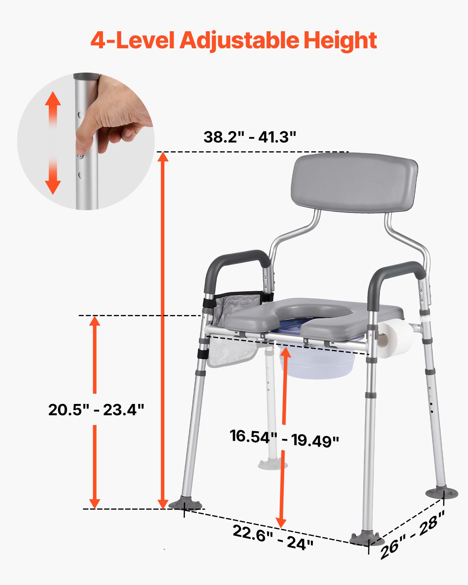VEVOR Sedia Comoda da Comodino, Capacità 227 kg, WC Sedile Rialzato con Seduta e Schienale Imbottiti, Secchio Rimovibile 5 L, Sedia da Vasino Regolabile in Altezza Larghezza per Anziani