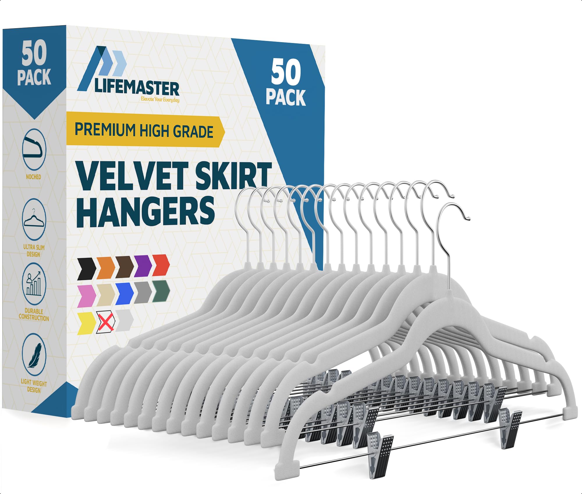 Lifemaster Velvet Skirt Hangers – with Adjustable Clips, 360 Degree Swivel Hook, and Non-Slip Shoulder Notch, Holds Up to 10 lbs, for Organizing Skirt