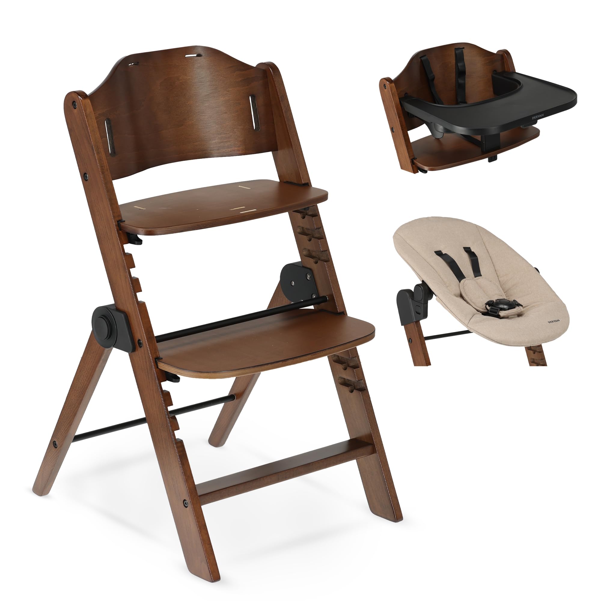 DERYAN Odin - Trona de madera para niños a partir de 0 meses hasta 85 kg - Incluye arnés de 5 puntos, correa de entrepierna, barra protectora - Compatible con muchos accesorios - Marrón/Turrón