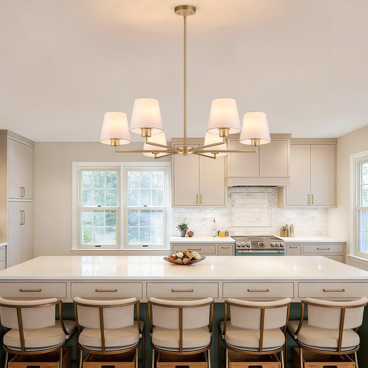 36" Gold Dining Room Light Fixture, No Assembly Required 6-Lights Kitchen Chandelier for Dining Room with White Fabric Shade, Chandelier Ceiling Light Fixture for Kitchen Island Bulb Not Included