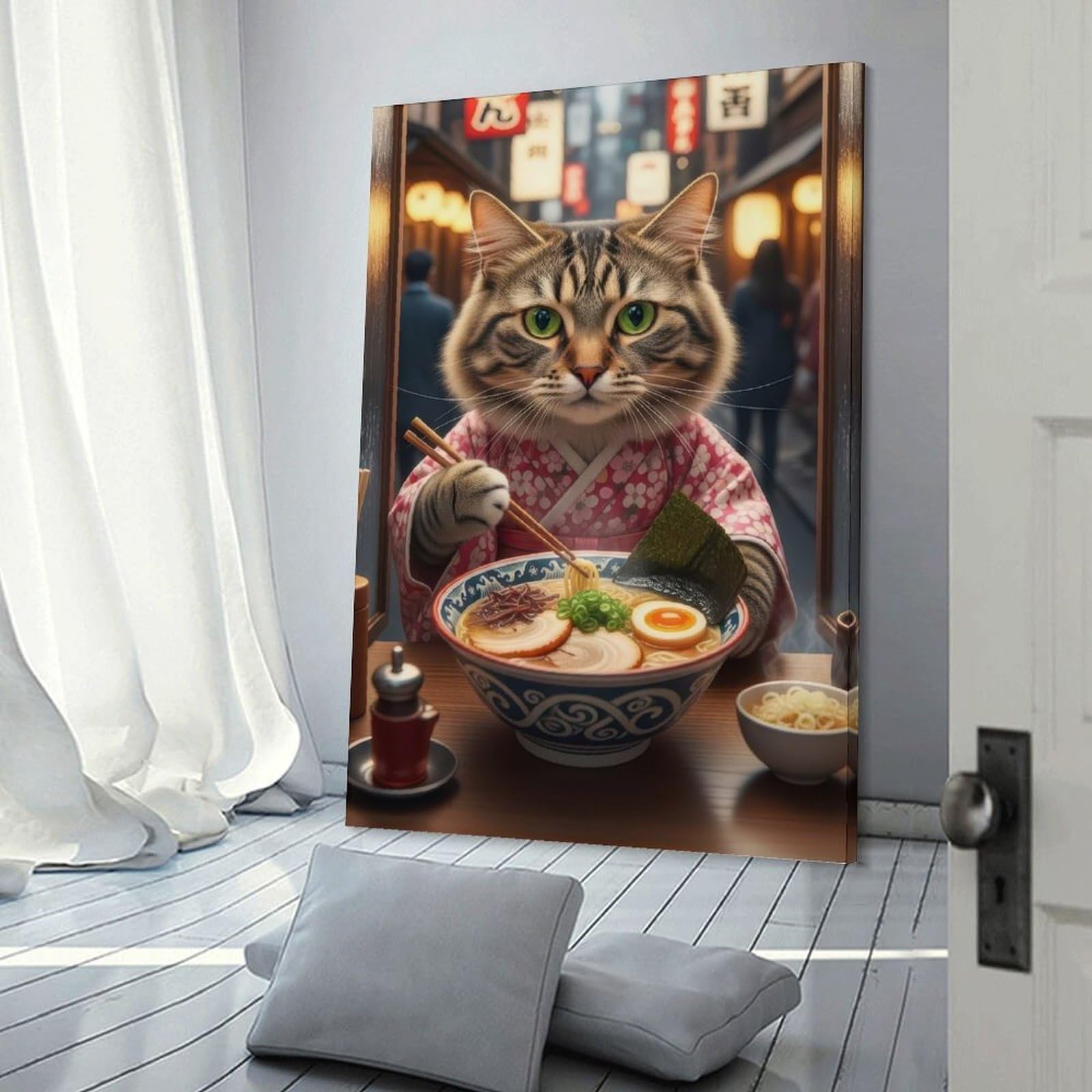 Junmoney Frame-Style-10 Cat In Kimono Eating Ramen Canvas Wall Decor, 12X18inch(30X45cm), For Flats, Guest Rooms Or Compact Rooms, Decorative Canvas Decor For Home Updates