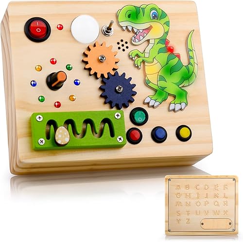 Montessori - Tablero de actividades para niños pequeños, juguetes sensoriales de madera, tablero de dinosaurios con interruptores de luz LED,