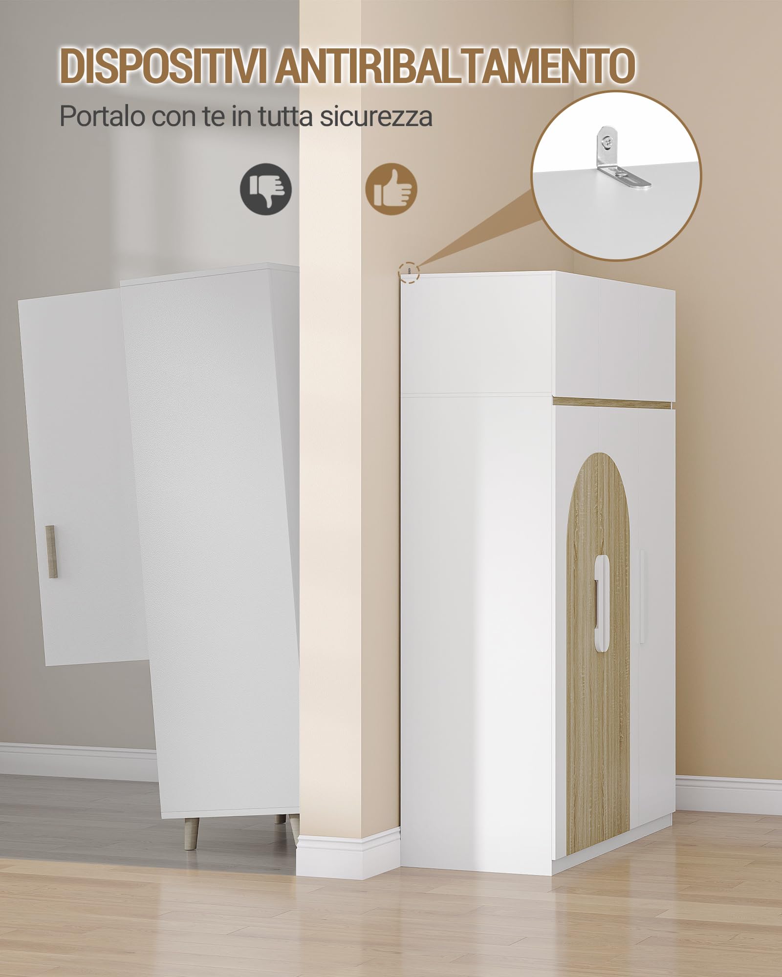Hzuaneri Armadio 50 X 120 X 180 Cm, Armadio a Sei Ante con 3 Scomparti di Stoccaggio E Ganci, Ripiani Regolabili, Adatto Per Camera da Letto, Colore Bianco con Finitura Effetto Legno Naturale,BW10003E
