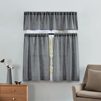 Valea Home Grey Burlap Look Kitchen Curtains Window Treatment Set, 14 inch Valance and 45 inch Tiers