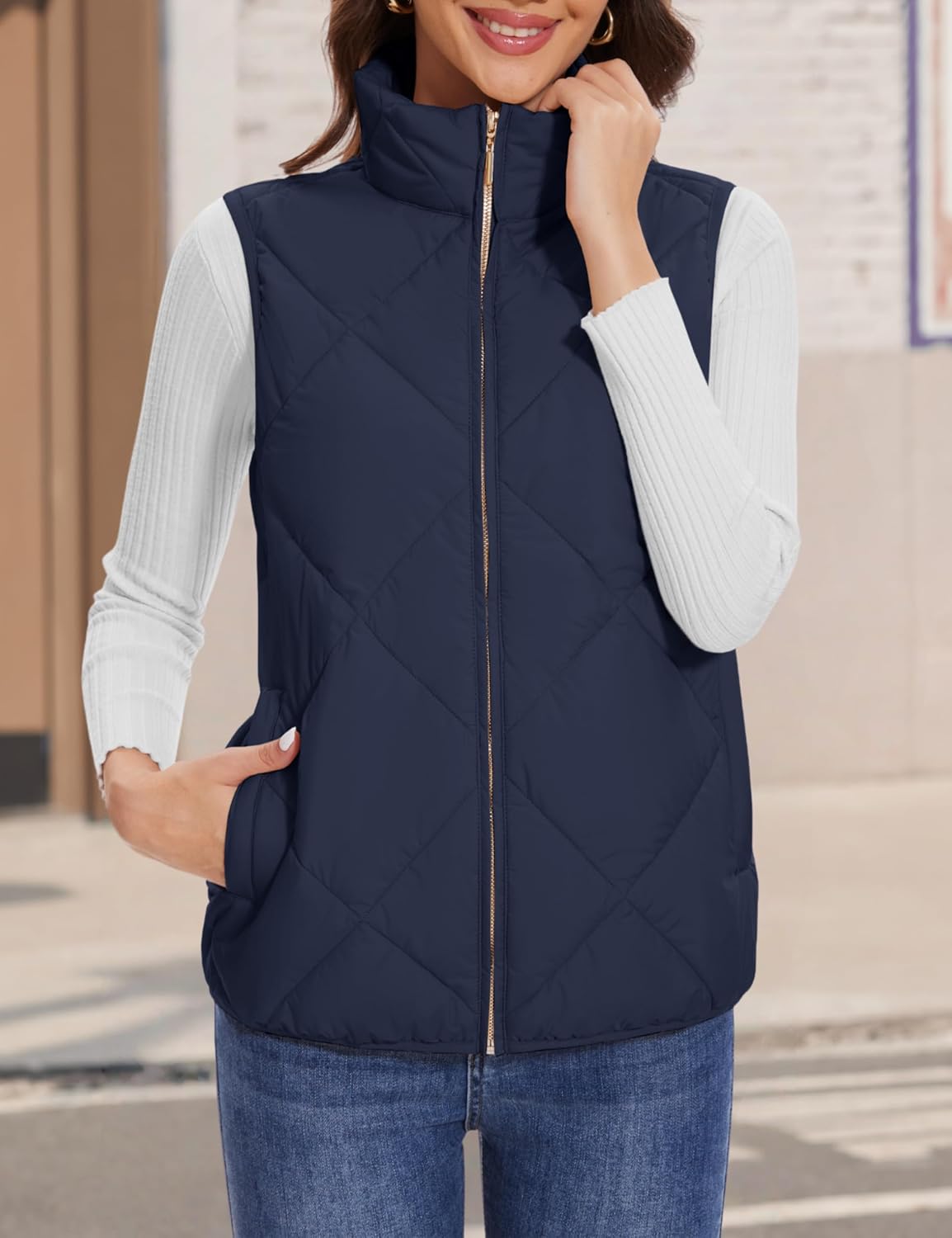 YUCOLEN Women's Quilted Vest Stand Collar Lightweight Zip Padded Gilet Sleeveless Jackets Coats Outerwear with Pockets - Image 2
