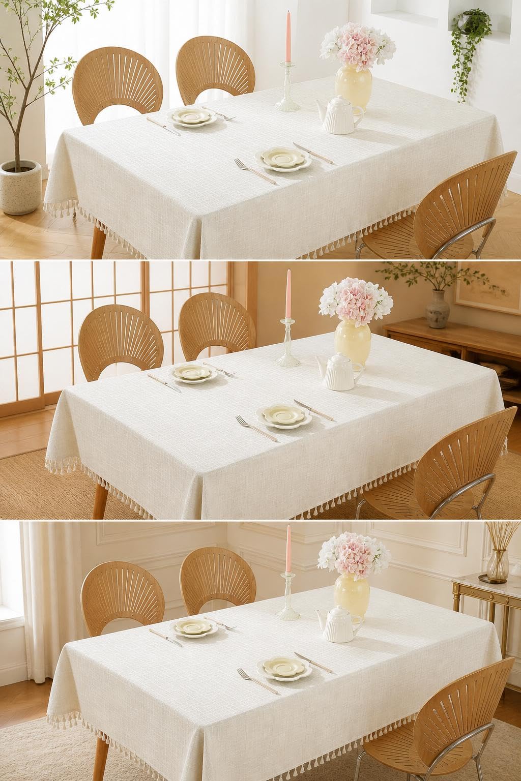 Tovaglia Rettangolare, Tovaglia Antimaca 140x180, Copritavolo Elegante con Nappe, Design Moderno, Bianco Riso, 100 * 160cm