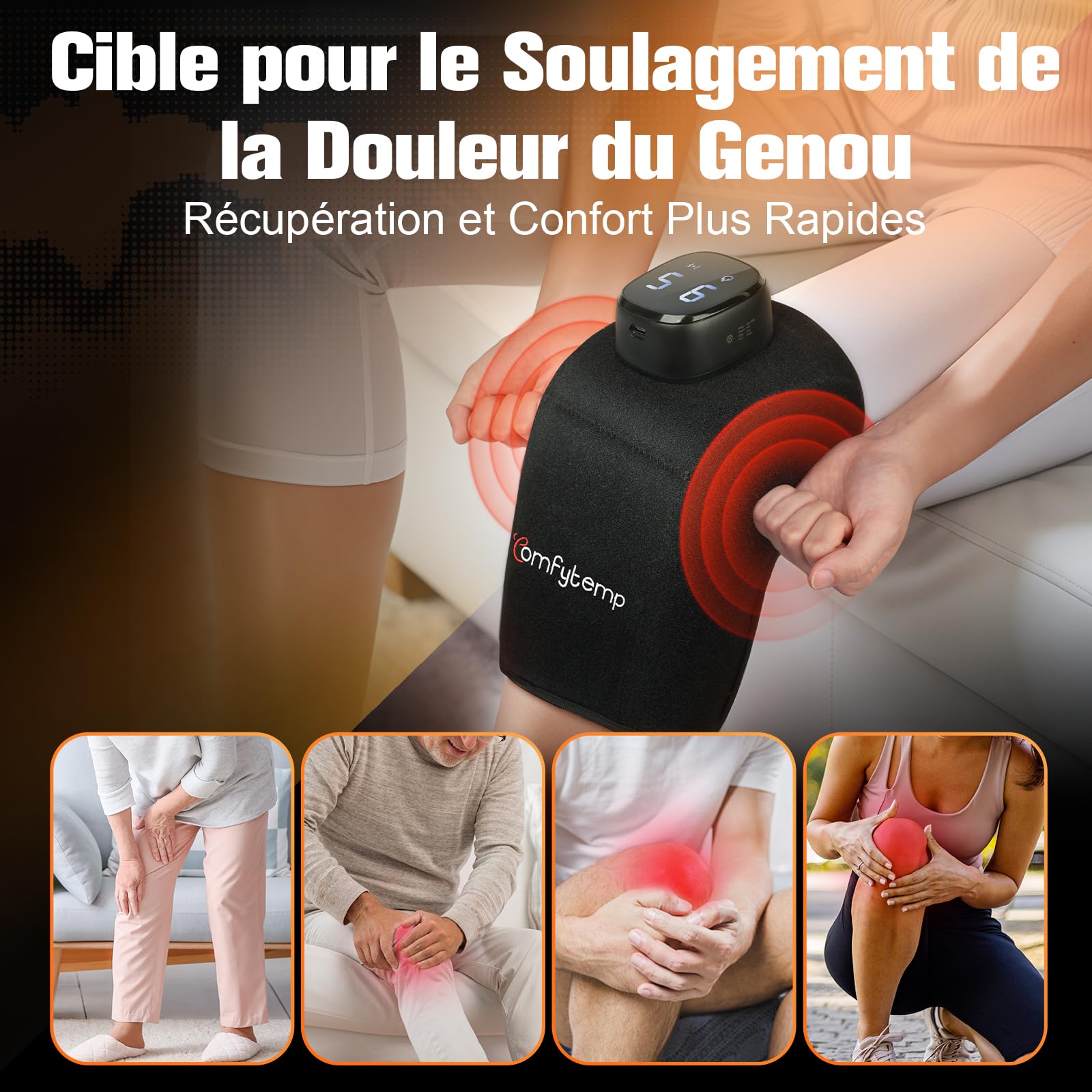 Comfytemp Coussin Chauffant Sans Fil pour Genou, Masseur 3D, 9 Niveaux de Chaleur 5 Vibrations, Contrôle APP