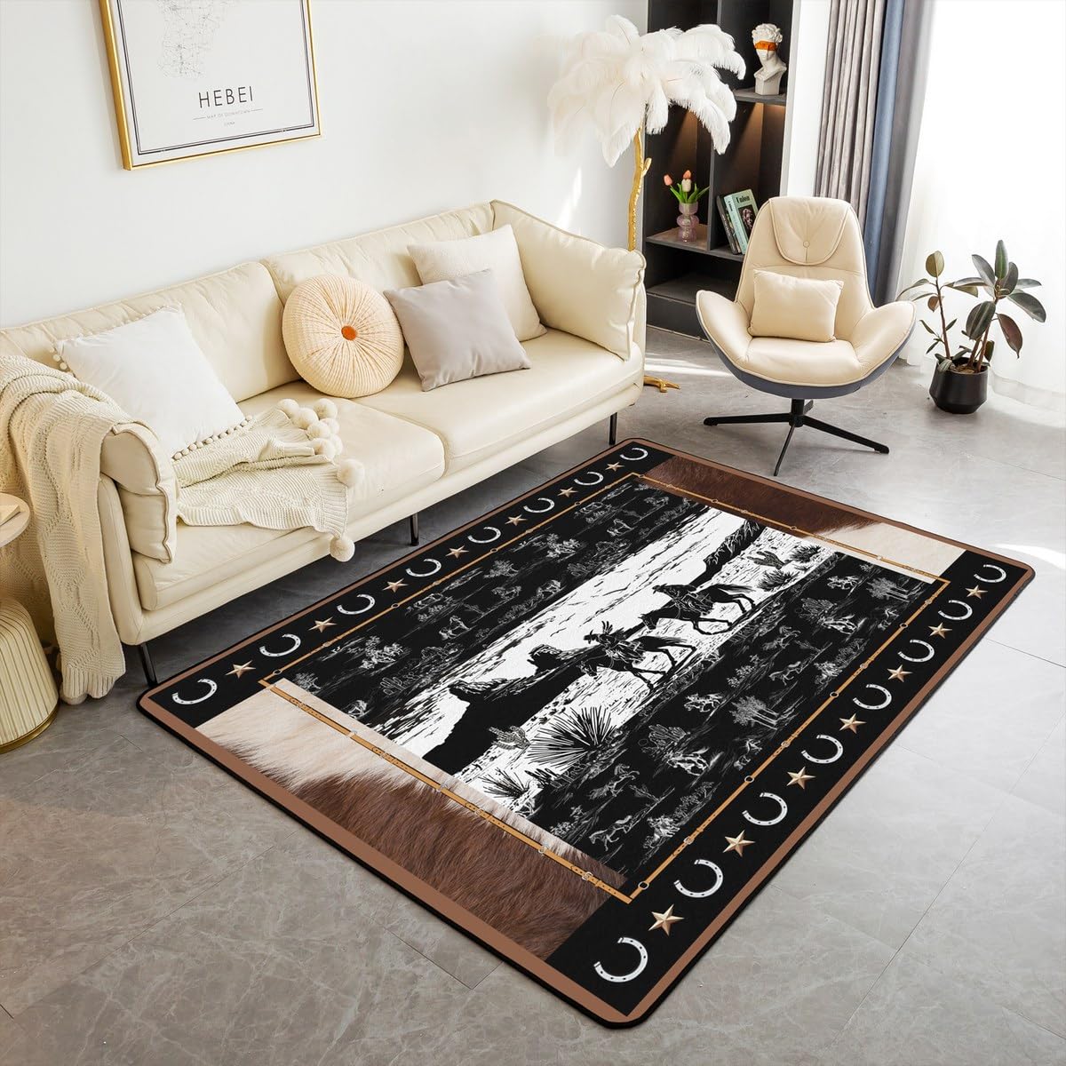 Feelyou Western Aztec Area Rug 5x7 Horse Cowboy Rugs for Living Room Bedroom for Boys Men Kids Teens Rustic Western Decor Country Wild West Down