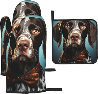 Oven Mitts and Pot Holders Set of 3 Heat Resistant Non-Slip Kitchen Gloves Hot Pads German Shorthaired Pointer Oven Mitts Kitchen Mittens Gloves Non-Slip Potholders for Cooking Baking Grilling BBQ