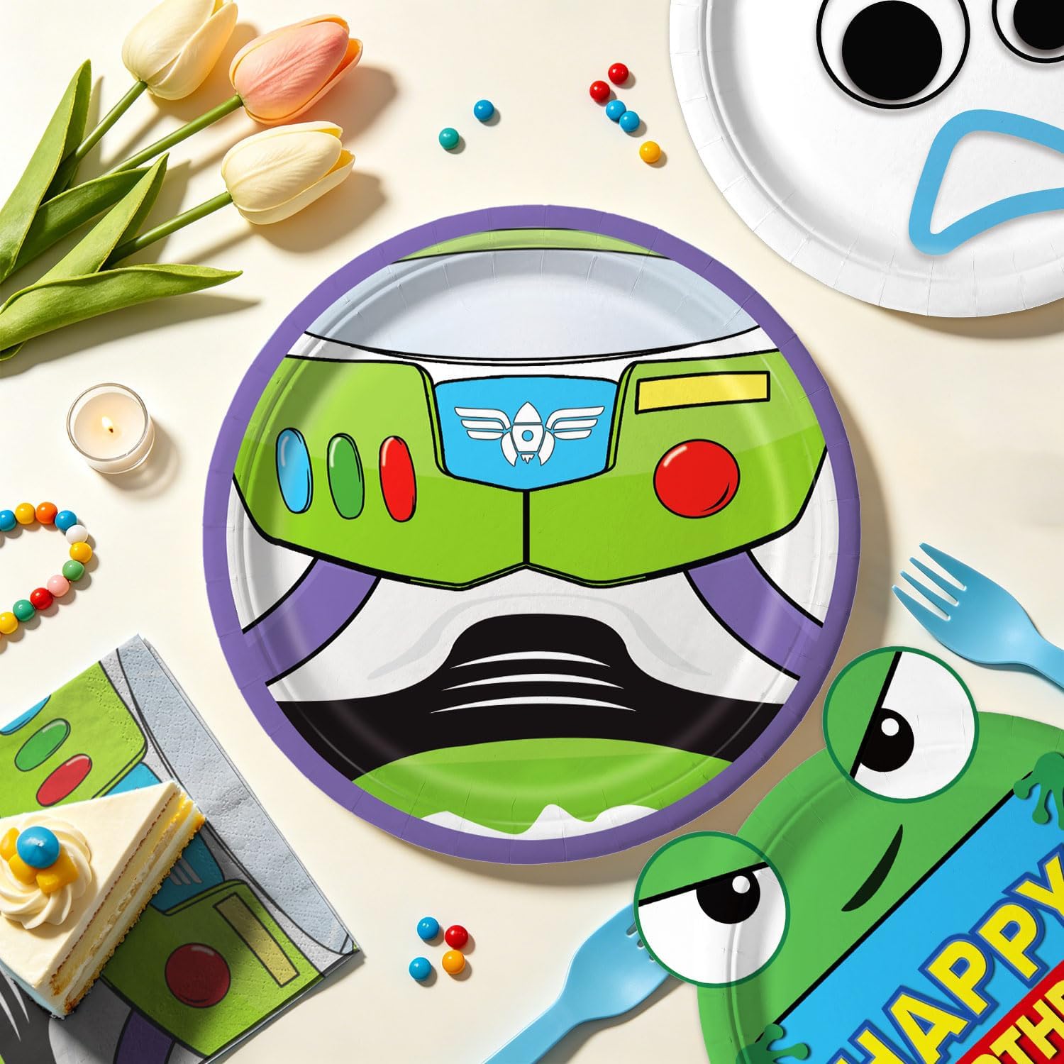 60 PCS Cartoon Birthday Party Supplies Cartoon 9-inch Plates Napkins for Toy Theme Birthday Decor for 30 Guests image 3