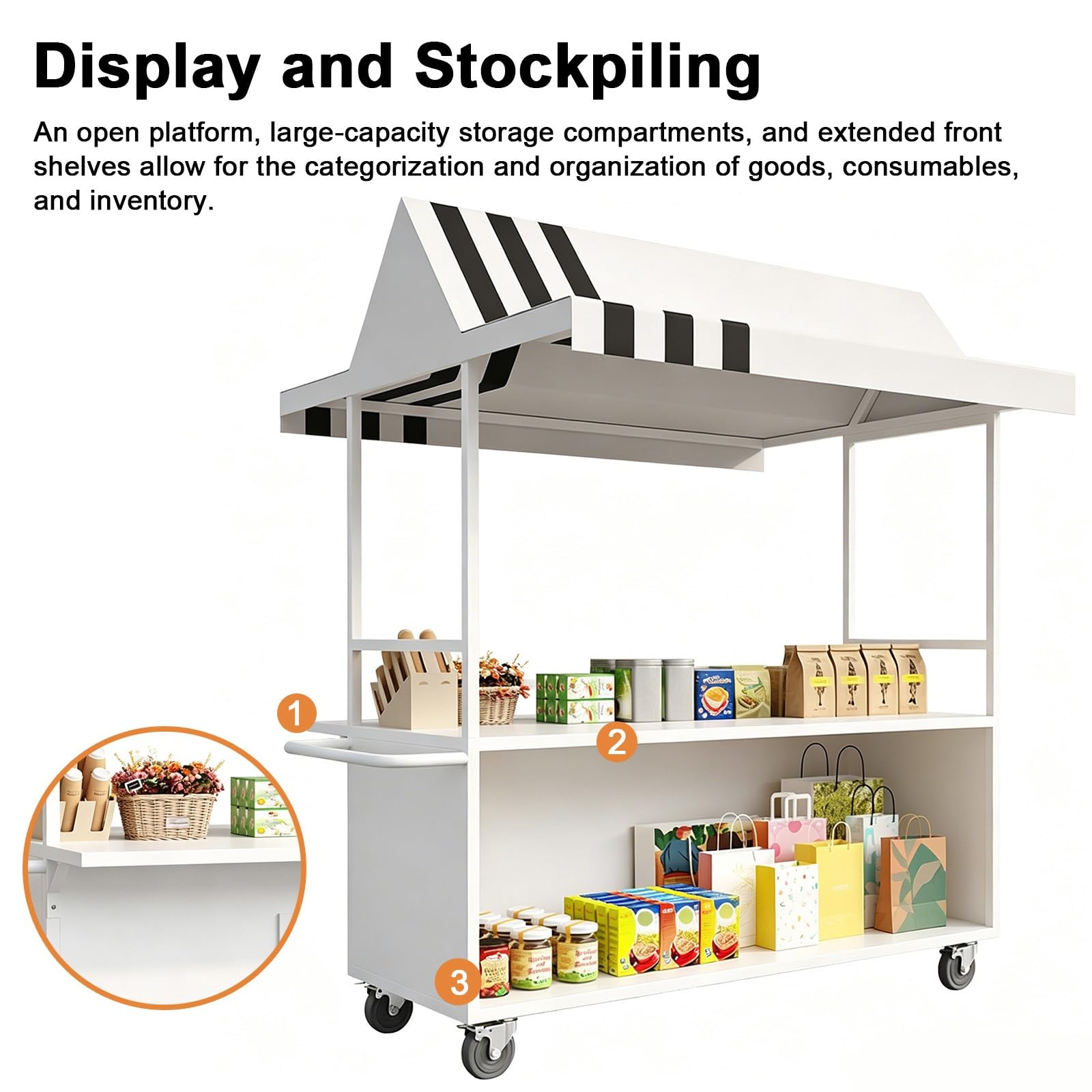 Carrello alimentare con tettoia, stand del mercato, struttura in ferro, ruote bloccabili per street food ed eventi pop-up, perfetto per mercati all'aperto