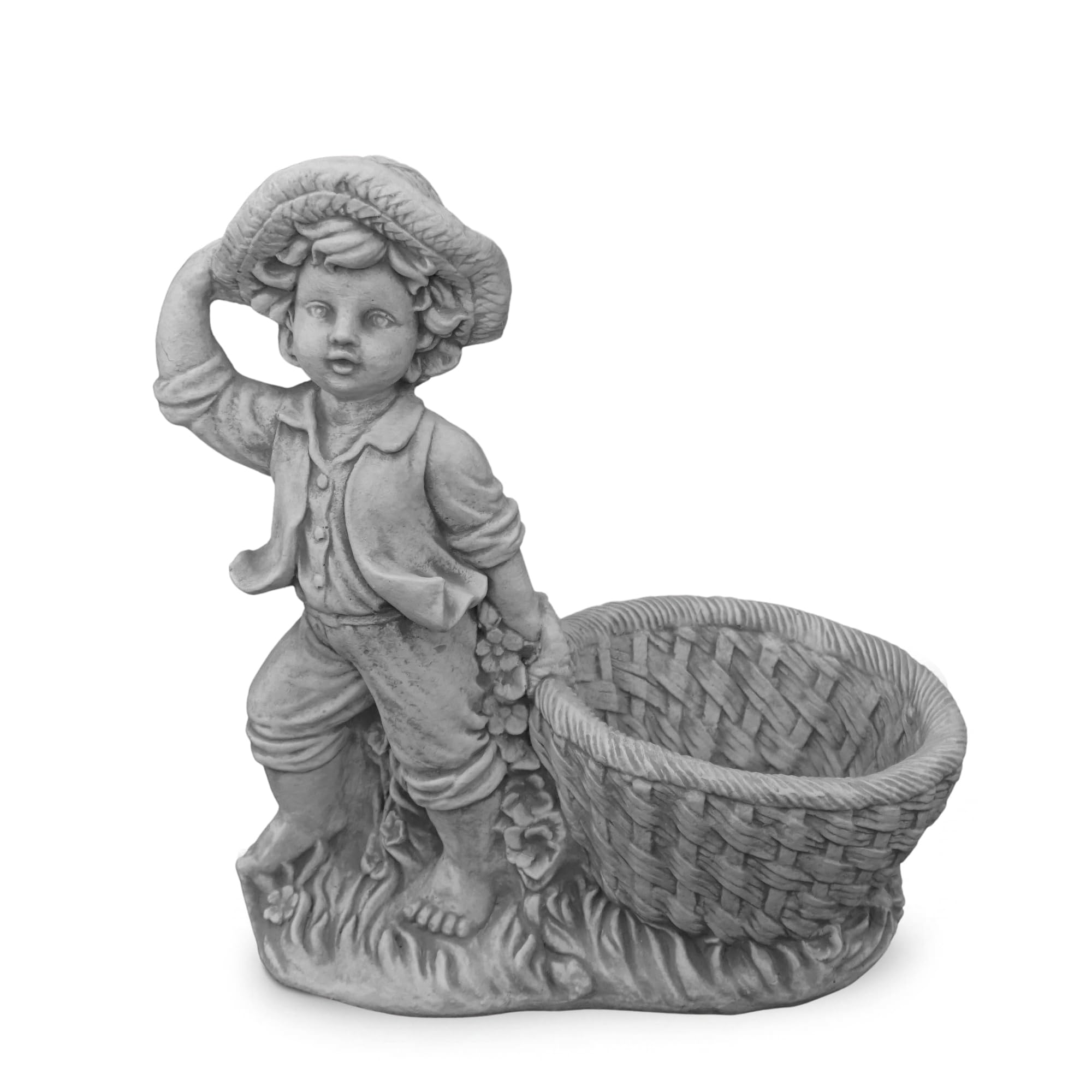 gartendekoparadies.de Figurine garçon en Pierre Solide avec jardinière, Hauteur 39 cm, 1 Litre, Gris, Poids 10 kg, en Pierre moulée résistante au Gel