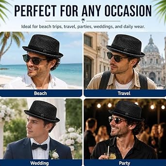 Summer Breathable Mesh Straw Pork Pie Hats for Men, Lightweight Retro Fedora Bowler Sun Protection Packable Hat