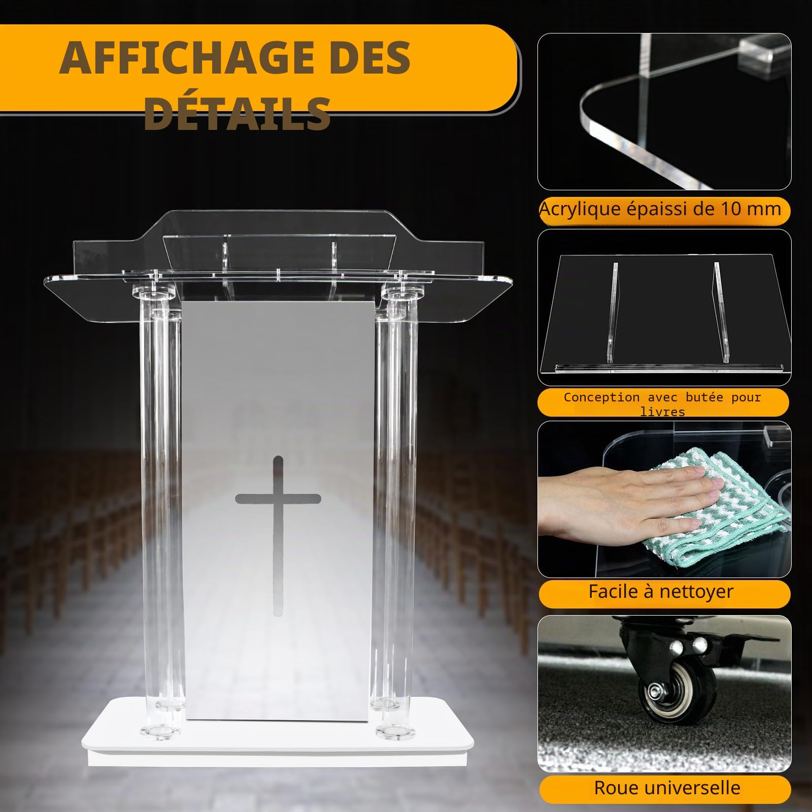 Afitdon Kirchen Kanzel Pupitre en Acrylique Transparent avec Roues et 15 Couleurs de lumière LED réglables, Grand Support Acrylique pour église, Concert, conférence, Mariage, Salle de Classe