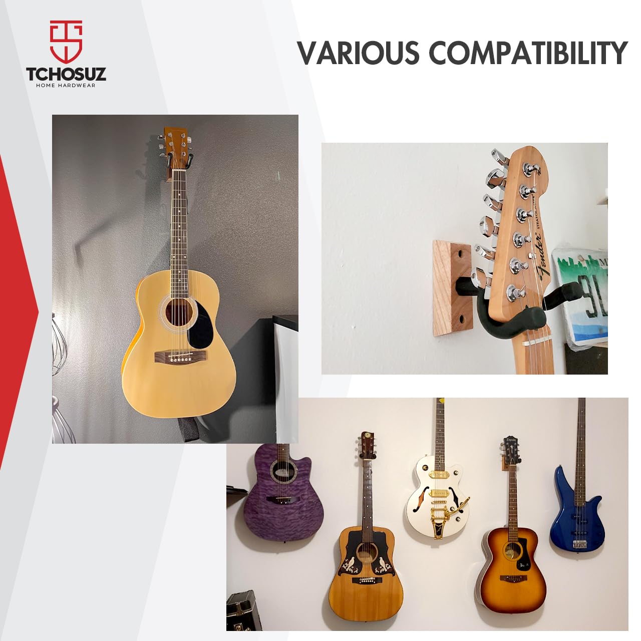 TCHOSUZ Guitar Wall Mount 2 Pack, Brown Beech Wood Guitar Hanger, U-Shaped Guitar Wall Hanger Mount, Guitar Holder Hook Stand Wall, Guitar Accessories for Electric Guitar Ukulele Mandolin Banjo Bass