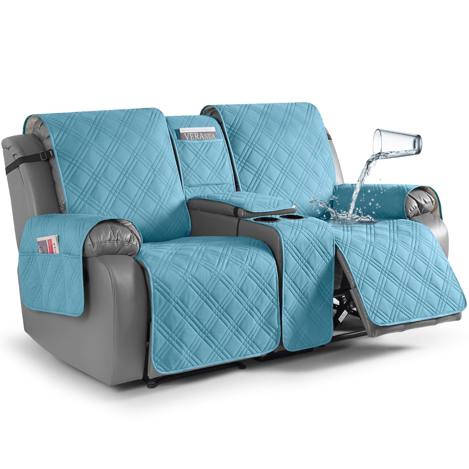 TAOCOCO Loveseat Recliner Cover with Center Console, 100% Waterproof Pet Covers for Dual Recliner with Straps Design, Split Reclining Loveseat Cover Furniture Pet&Kids Protector(2 Seater, Sky Blue)