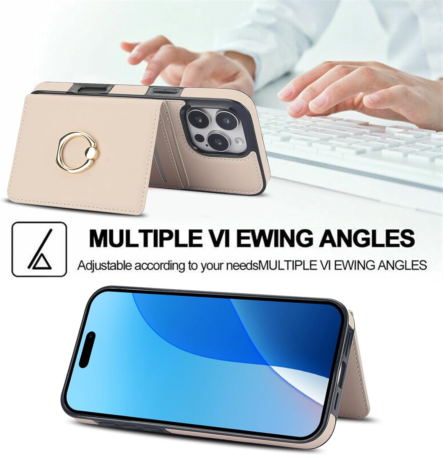 TIANLI Compatible with iPhone 16 Pro Max Wallet Case with Card Holder, 360° Rotation Ring Kickstand RFID Blocking PU Leather Double Magnetic Clasp Shockproof Cover for Women Man, Off White - Image 4