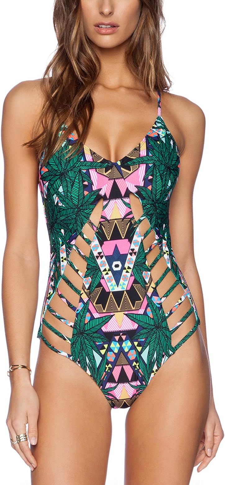 Juniors Floral Print Bandeau Top Bandage Bikini Set Strappy Swimsuit (M(US 2-4), Jungle Print) Green