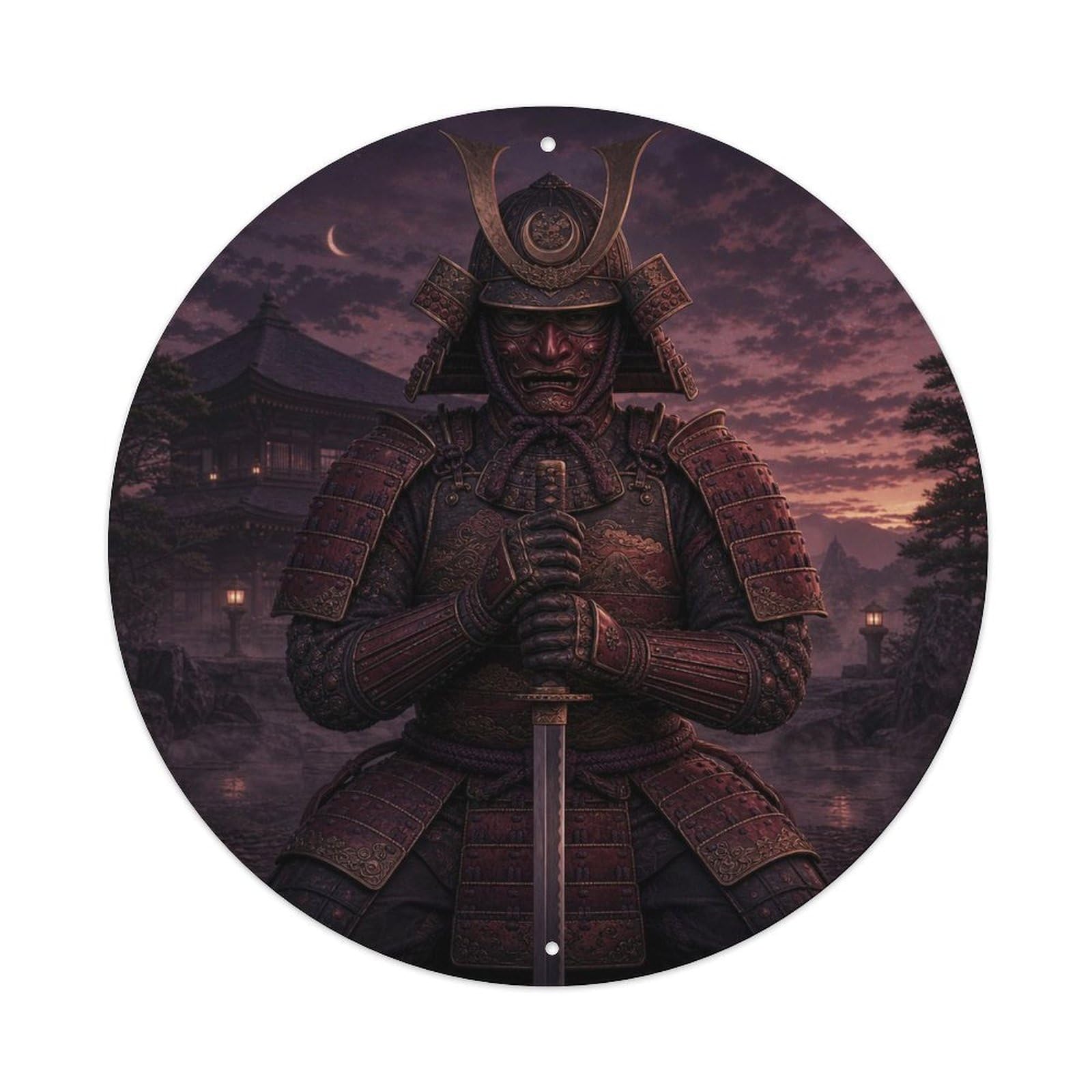 Okngb Style Shadow Kneeling Sword Maroon Dusk Plant Armor Label Metal Tin Sign Plaque Wall Decor For Cafe, Man Cave, Club Bar, Office, Home Garden Round Metal Poster 8X8inch