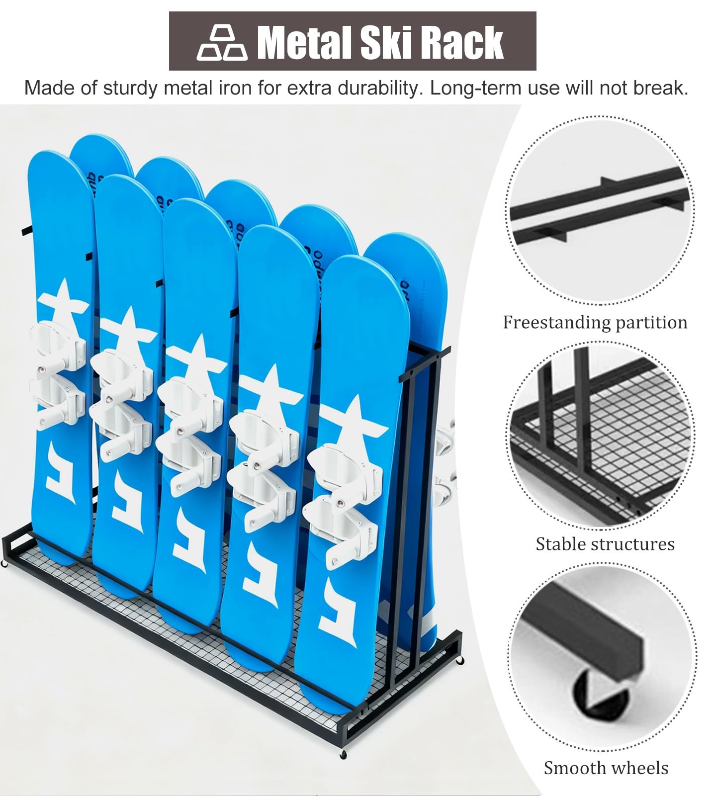 ZIMGOD Guarda Esquis Soporte de Suelo para Tablas de Snowboard, Soporte Independiente y Móvil para Esquís para Garajes y Talleres Interiores, Portaesquís para Tablas de Snowboard(Width 155cm (61"))
