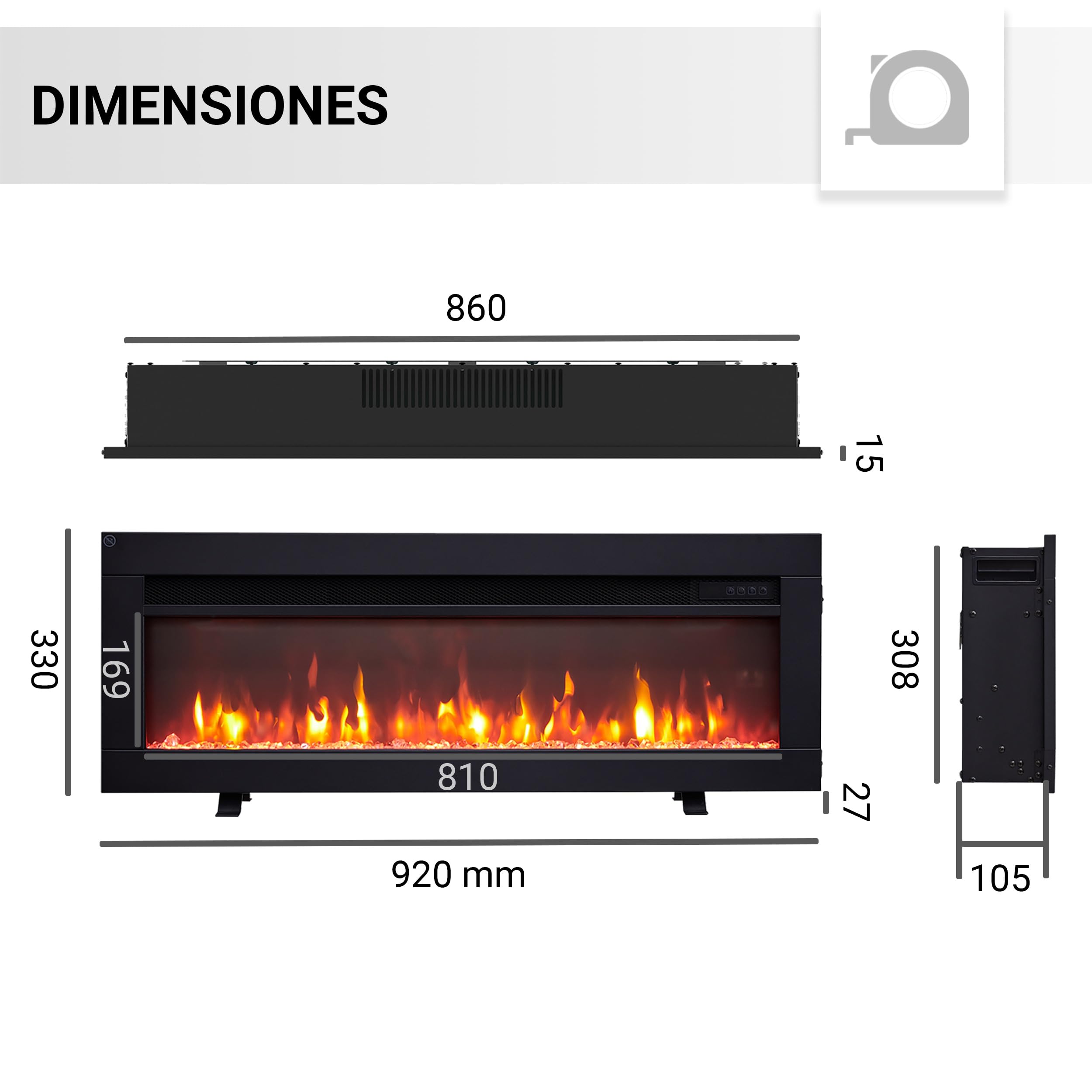 BALDERIA Agnes 36 - Chimenea eléctrica Decorativa de Pared con Efecto Llama LED