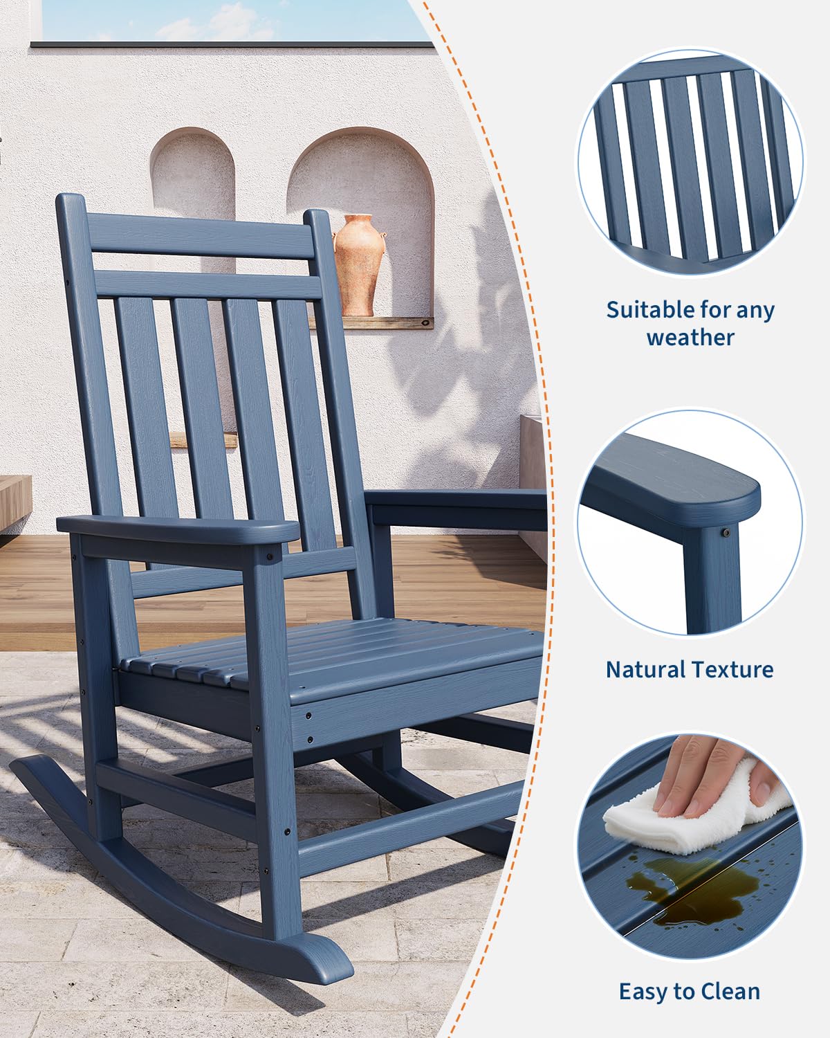 GarveeTech Silla Mecedora de HDPE para Jardín y Exteriores - Respaldo Alto, Estilo Adirondack, Resistente a Todo Clima, Diseño Ergonómico, Imitación Madera Ideal para Patio, Porche o Terraza - Azul
