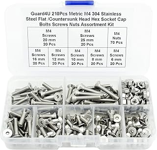 210Pcs Metric M4 304 Stainless Steel Flat/Countersunk Head Hex Socket Cap Bolts Screws Nuts Assortment Kit- M4x 6mm/ 8mm/ 10mm/ 12mm/ 16mm/ 20mm/ 25mm