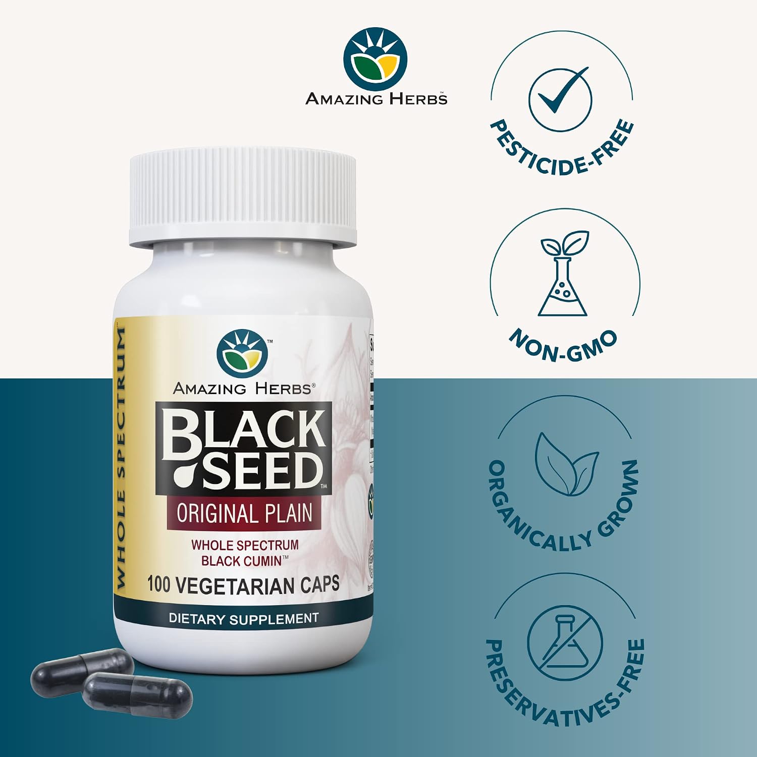 Amazing Herbs Whole Spectrum Black Seed Original Plain, Vegetarian Capsules - Gluten Free, Non GMO, Cold Pressed Nigella Sativa Aids in Digestive Health - 100 Count, 475mg