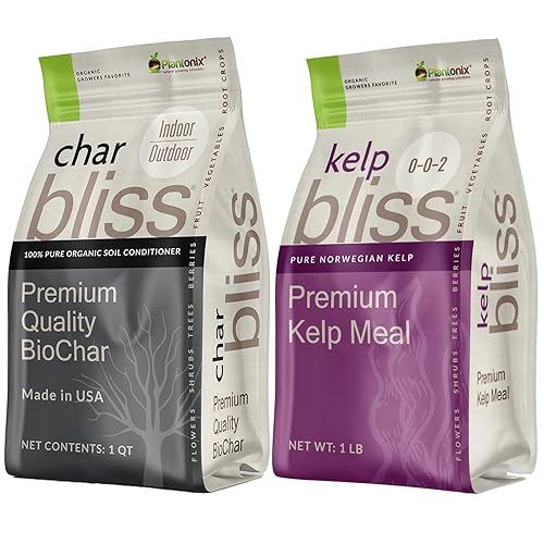 Kelp Bliss (1 libra) + Char Bliss (1 cuarto de galón)  Fertilizante orgánico de harina de algas y biocarbón orgánico para plantas  Carbón de