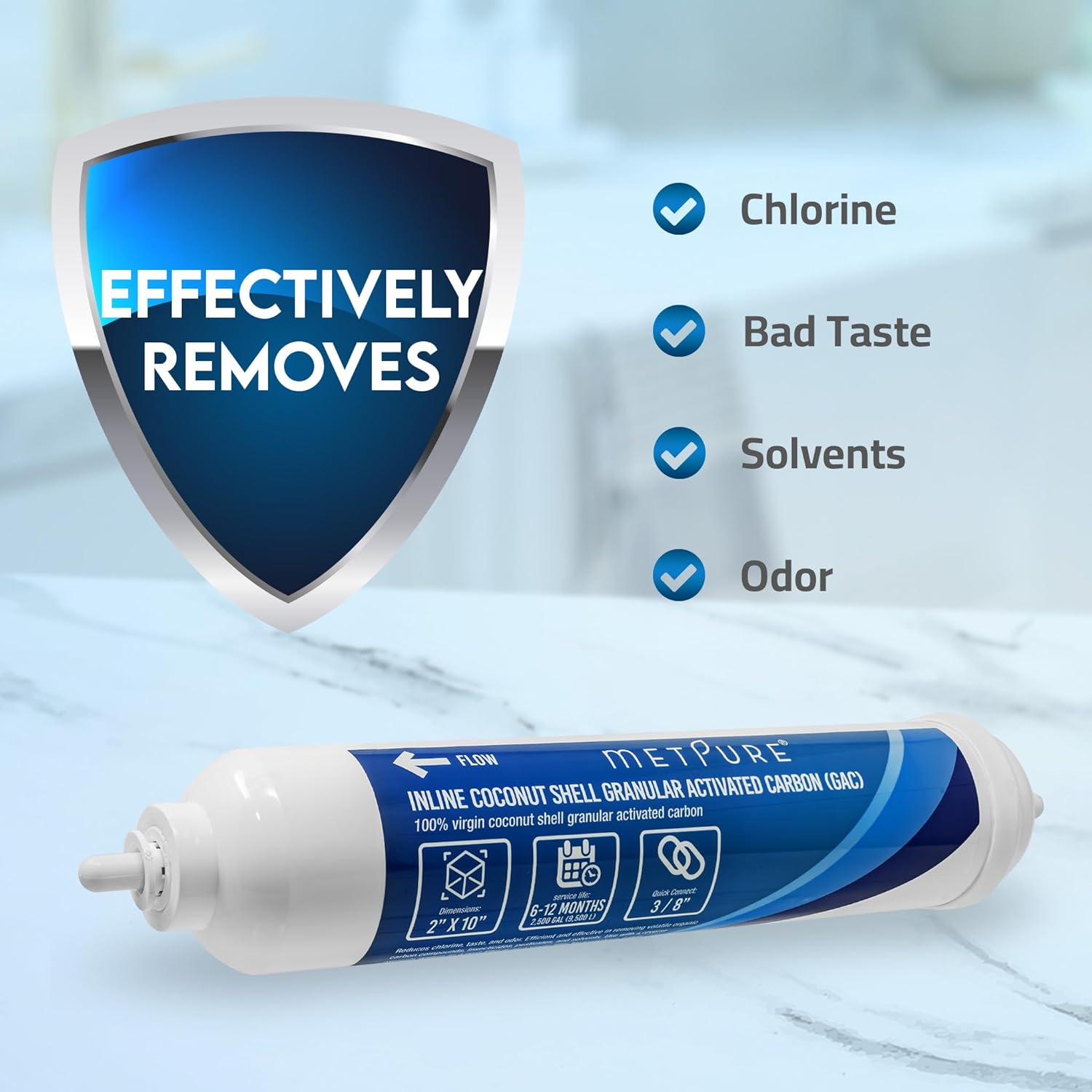 Metpure Inline GAC Water Filter 2" x 10" x 3/8" OD. Coconut Shell Granular Activated Carbon for RO Reverse Osmosis Water Filtration System, Refrigerator, Ice Maker. 3/8" Quick Connect. - Image 6
