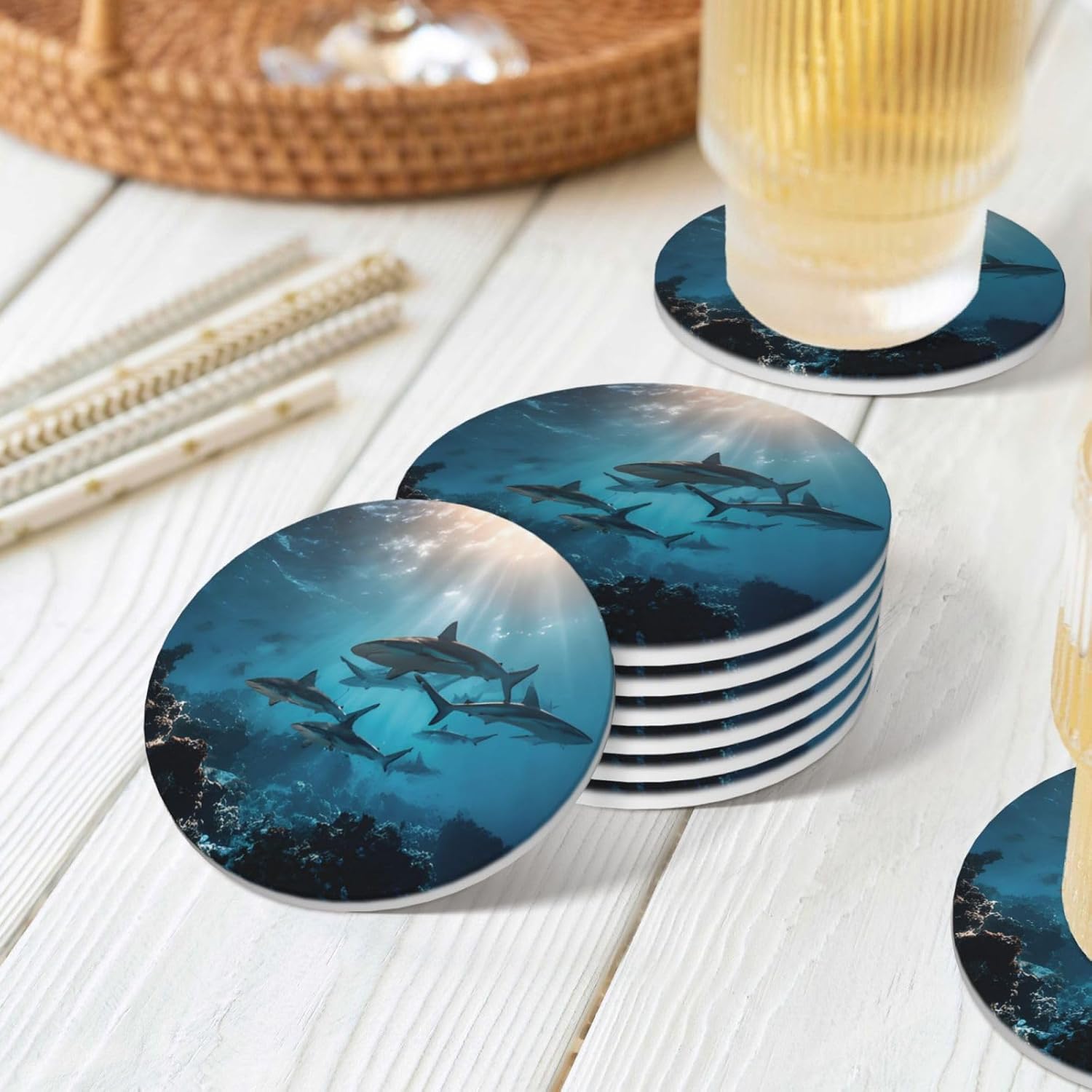 (Sharks) Ceramic Coasters Set of 6 with Holder Non-Slip Round Coffee Coasters for for Cup Mug Drink Patio Coffee Table Decor, Christmas Coasters Home Bar Supplies