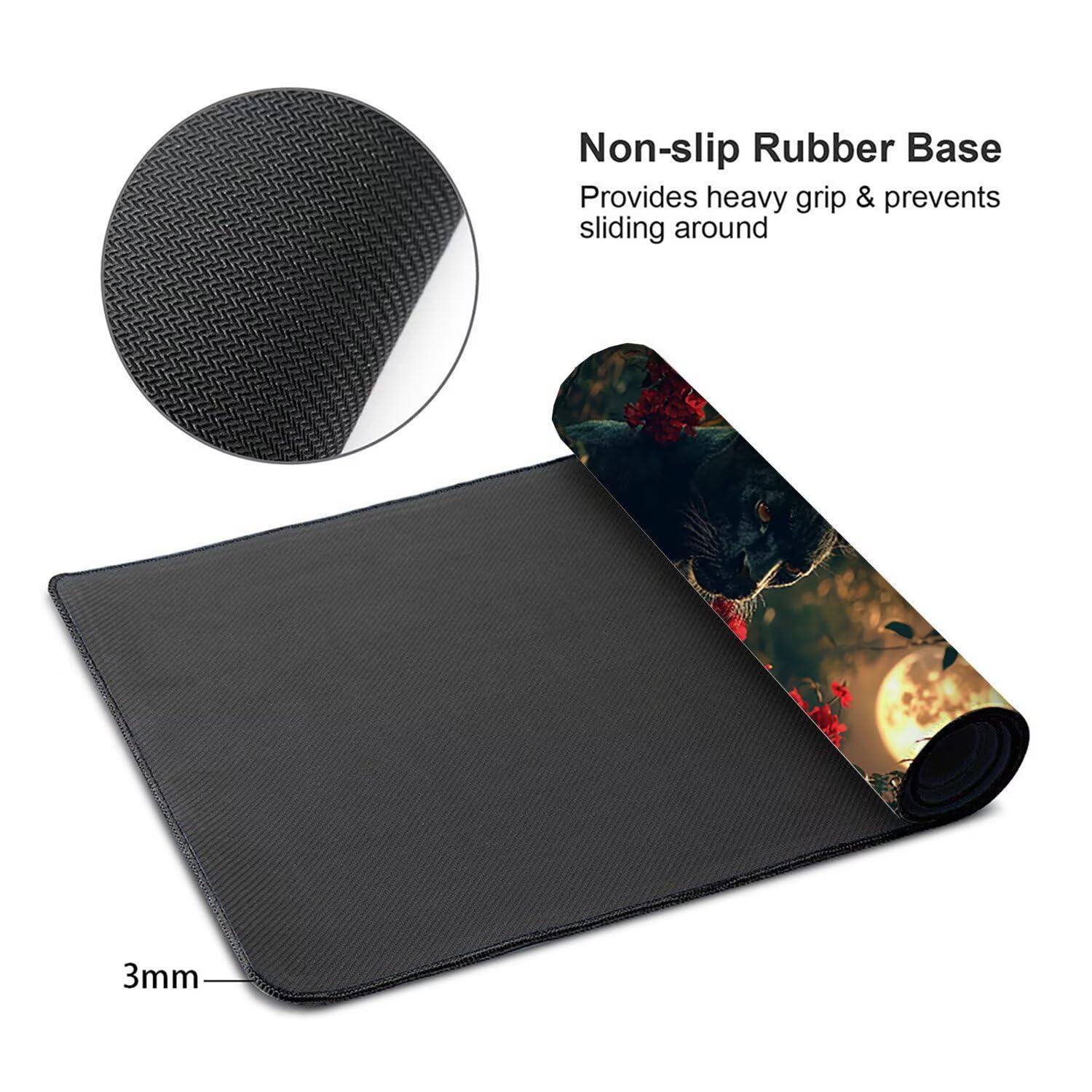 Large Game Tapis de Souris Lune Panthère Noire avec Base en Caoutchouc Antidérapant Extended XXL Long Clavier Pad de Table Grand Tapis Souris, pour Accessoires Gaming 100 x 50 cm k-1122